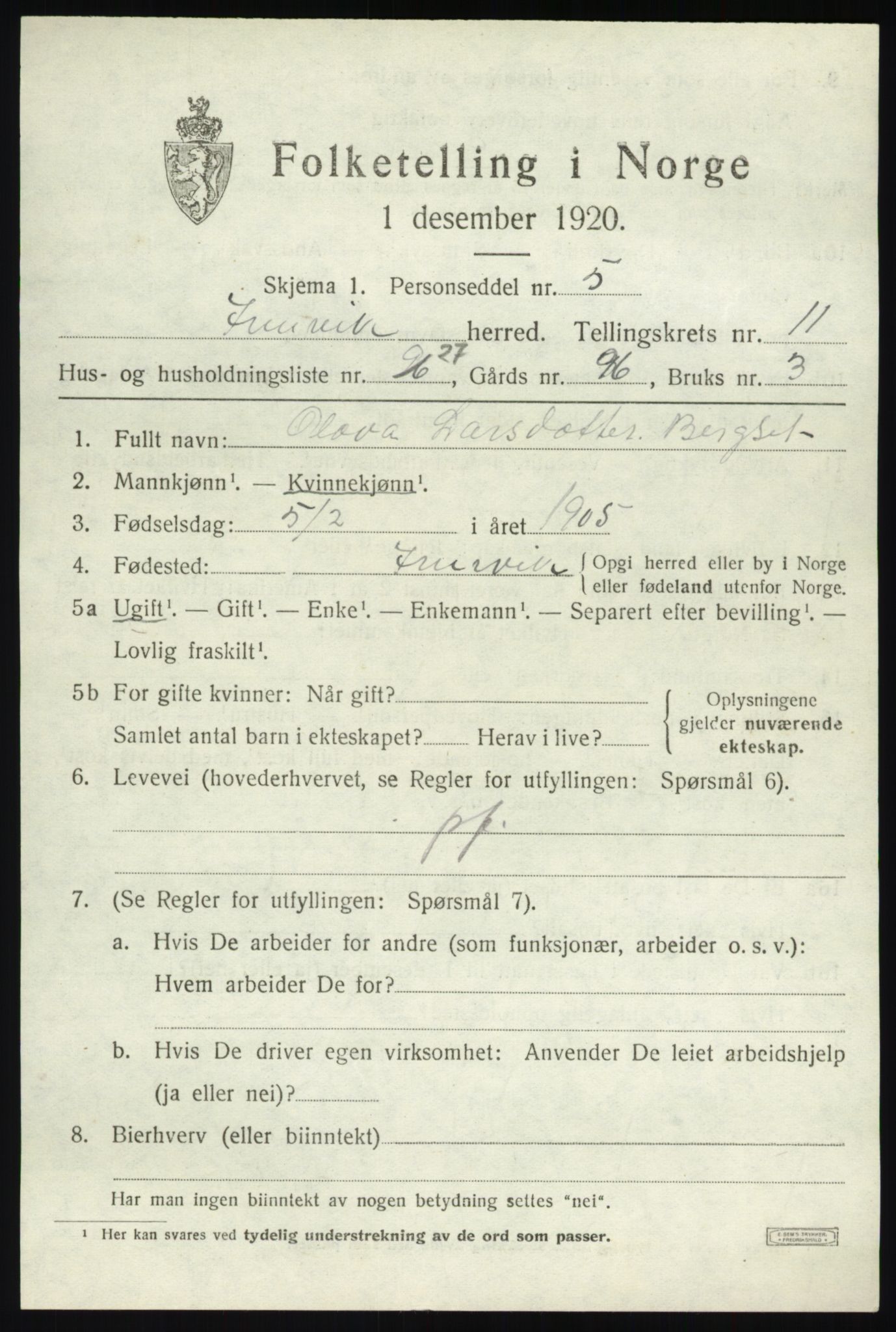 SAB, 1920 census for Innvik, 1920, p. 4873