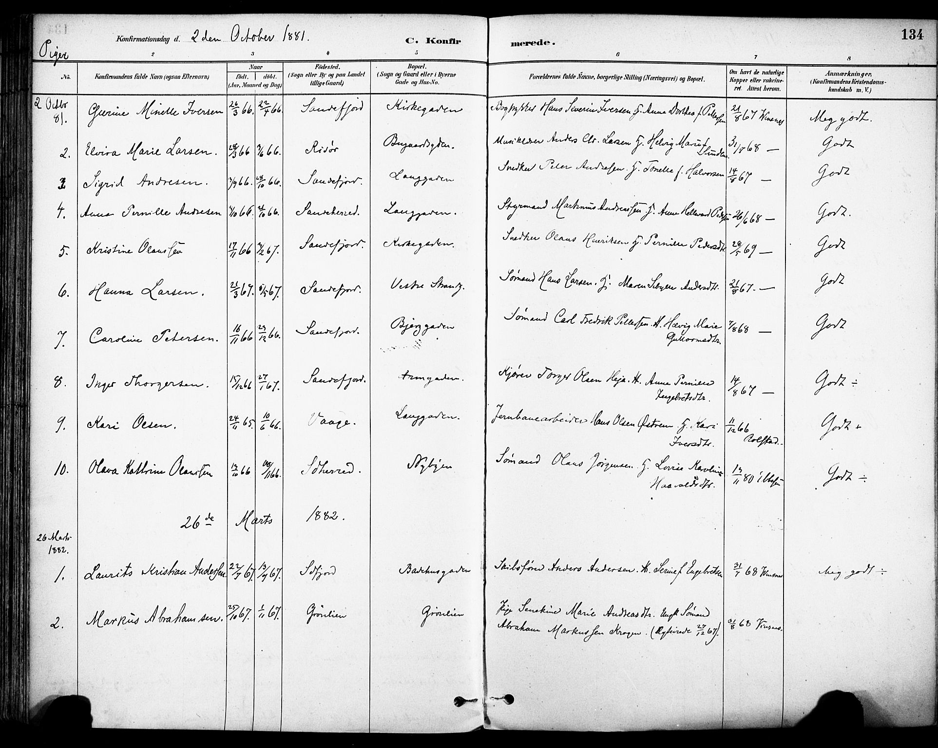 Sandefjord kirkebøker, SAKO/A-315/F/Fa/L0002: Parish register (official) no. 2, 1880-1894, p. 134