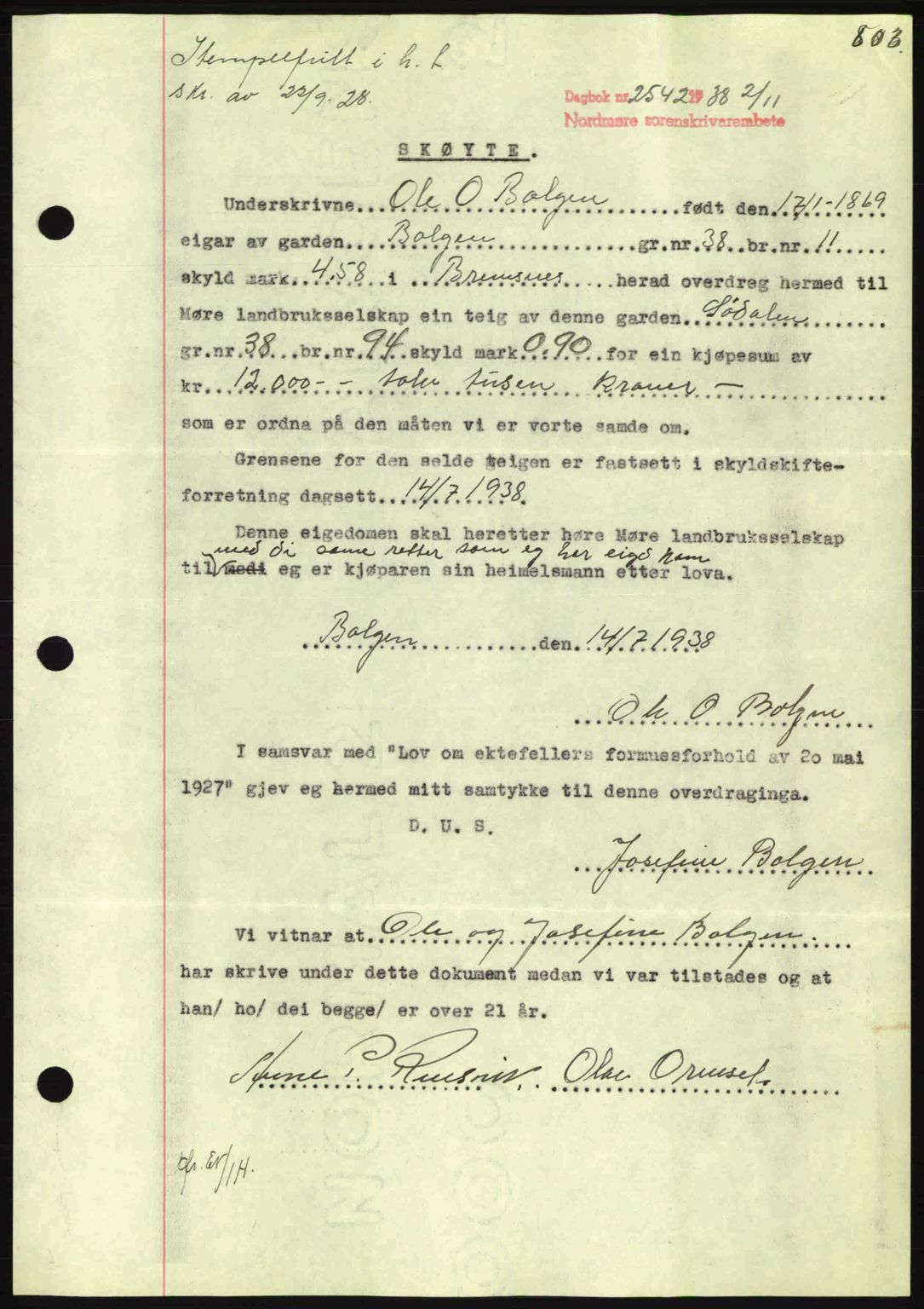 Nordmøre sorenskriveri, AV/SAT-A-4132/1/2/2Ca: Mortgage book no. A84, 1938-1938, Diary no: : 2542/1938