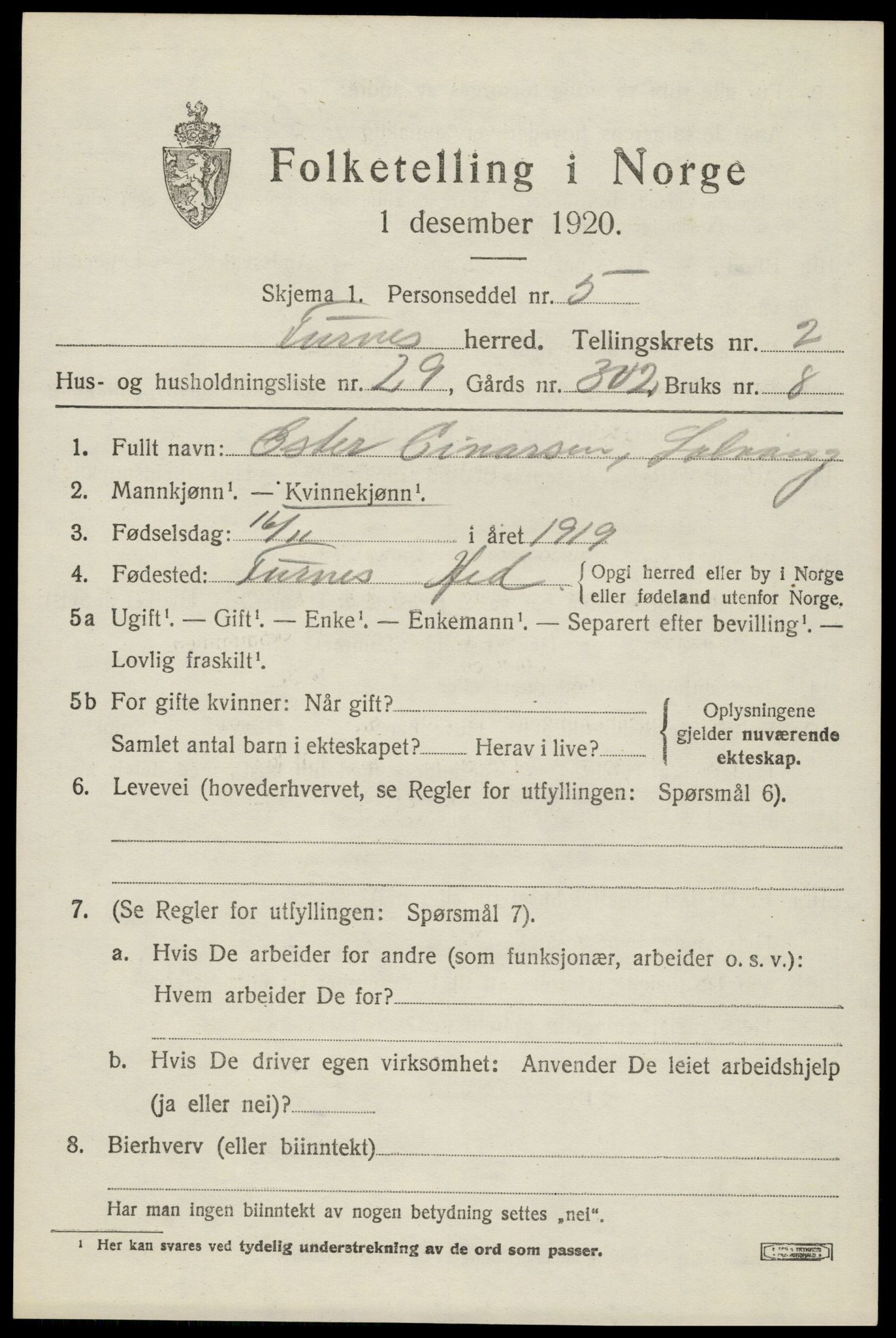 SAH, 1920 census for Furnes, 1920, p. 3399