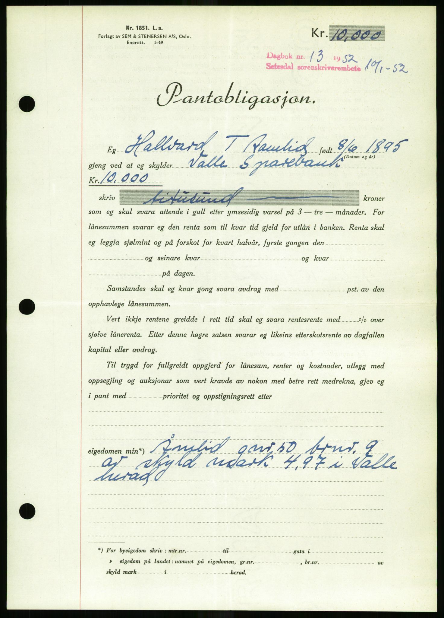 Setesdal sorenskriveri, SAK/1221-0011/G/Gb/L0050: Mortgage book no. B 38, 1949-1952, Diary no: : 13/1952