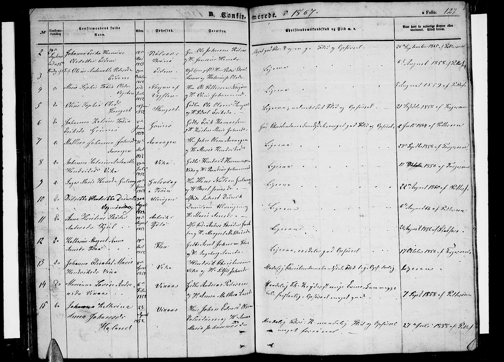 Ministerialprotokoller, klokkerbøker og fødselsregistre - Nordland, AV/SAT-A-1459/816/L0251: Parish register (copy) no. 816C01, 1852-1870, p. 127