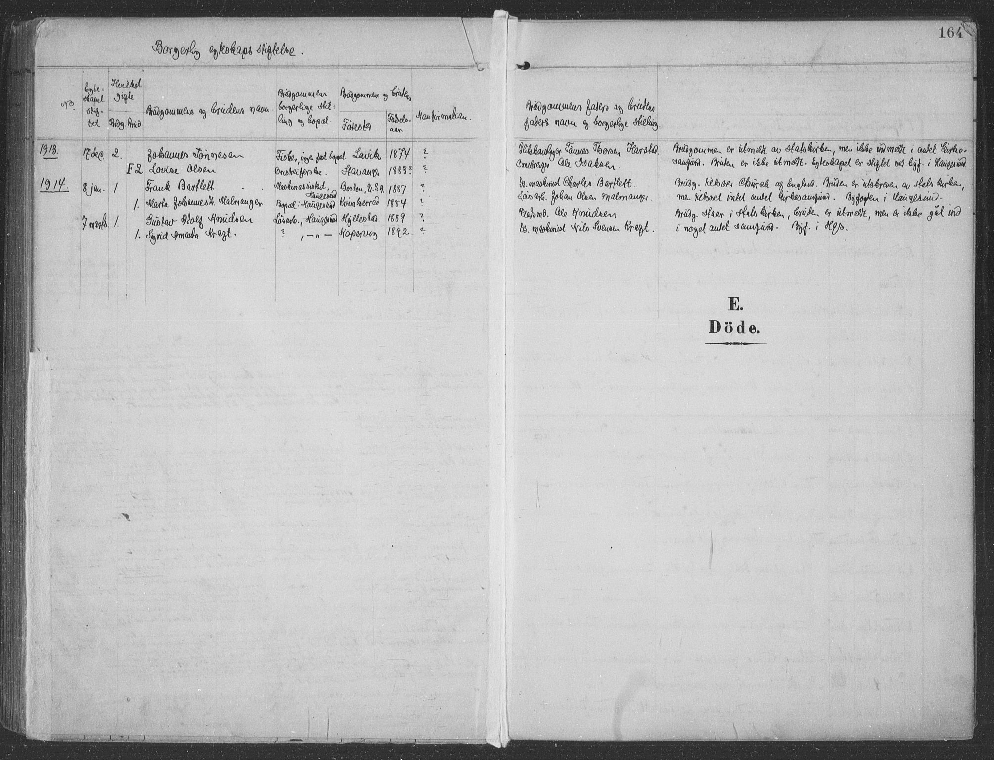 Haugesund sokneprestkontor, SAST/A -101863/H/Ha/Haa/L0007: Parish register (official) no. A 7, 1904-1916, p. 164