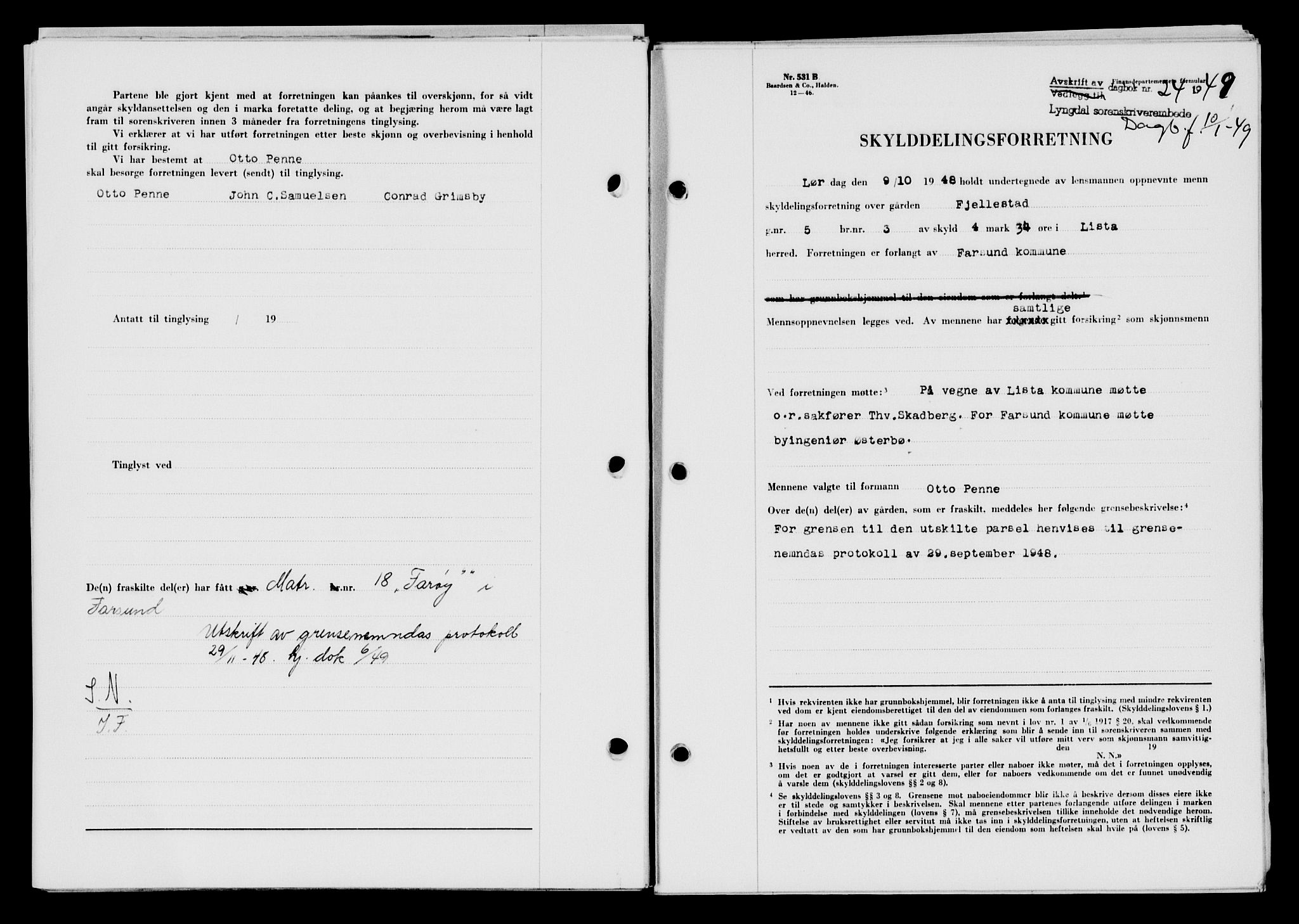 Lyngdal sorenskriveri, AV/SAK-1221-0004/G/Gb/L0663: Mortgage book no. A IX, 1948-1949, Diary no: : 24/1949