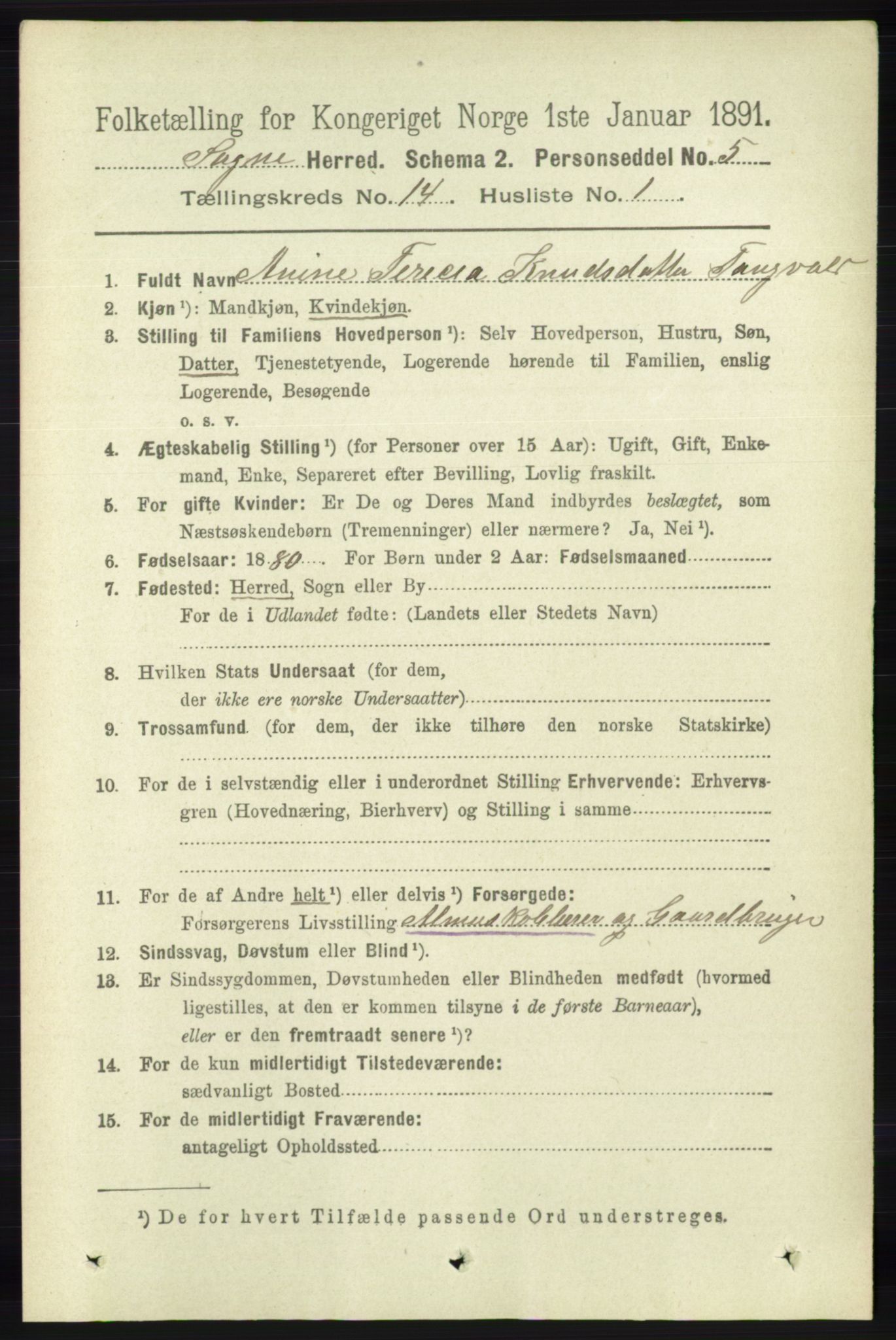 RA, 1891 census for 1018 Søgne, 1891, p. 3408