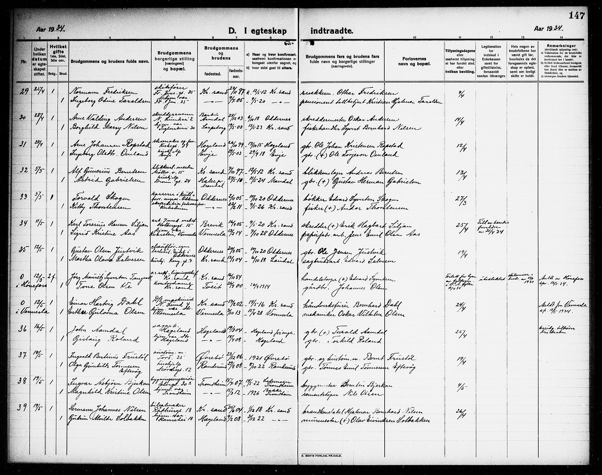Kristiansand domprosti, AV/SAK-1112-0006/F/Fb/L0023: Parish register (copy) no. B 23, 1921-1937, p. 147