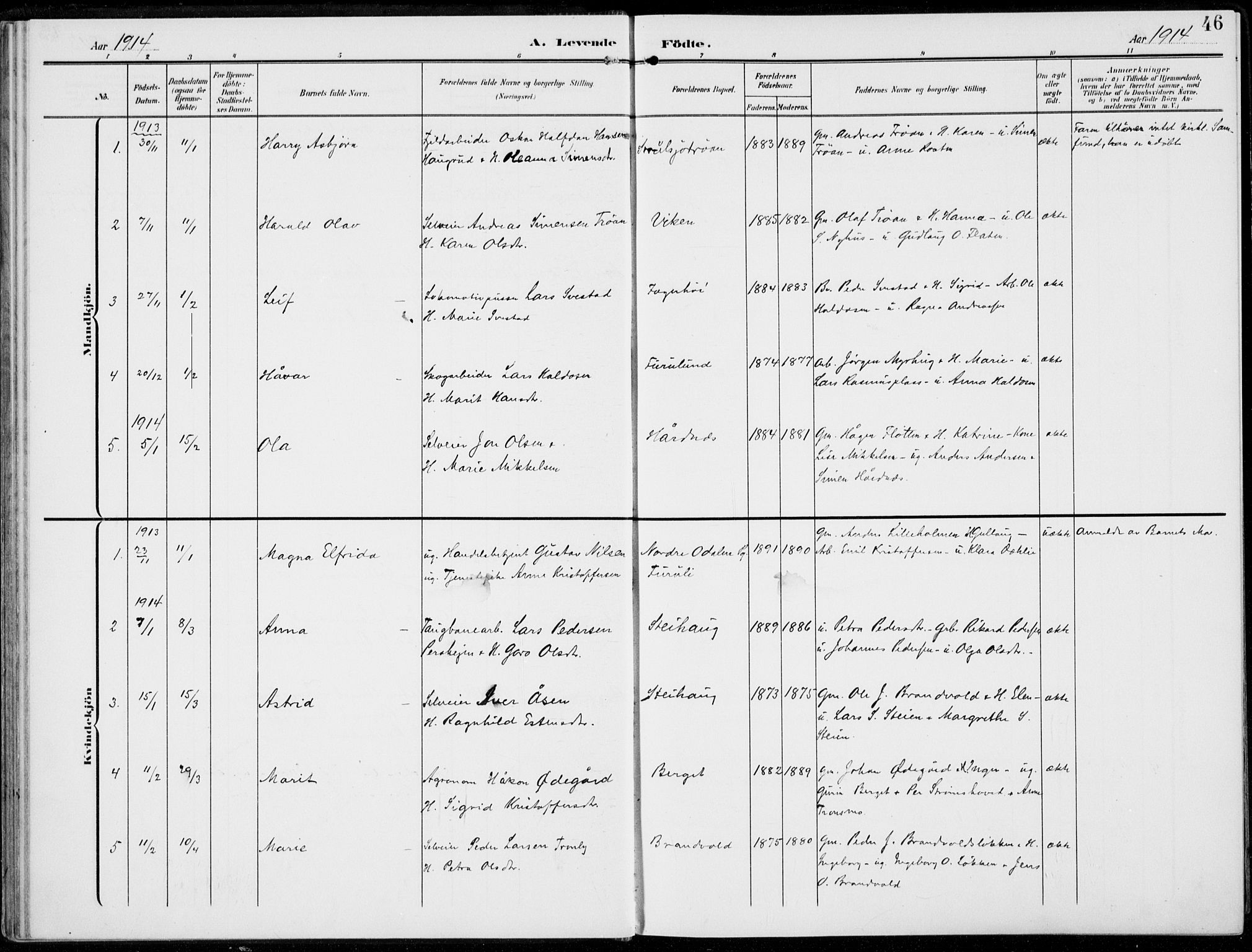 Alvdal prestekontor, AV/SAH-PREST-060/H/Ha/Haa/L0004: Parish register (official) no. 4, 1907-1919, p. 46