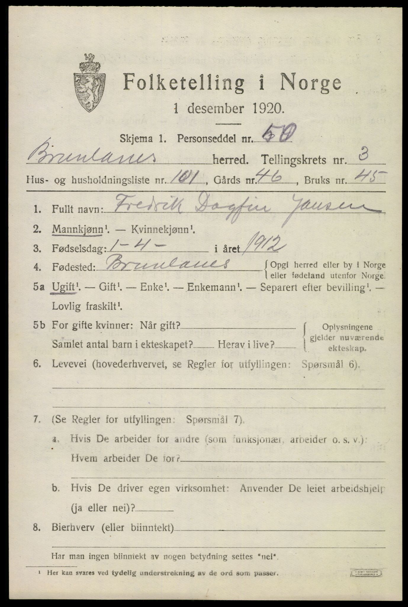 SAKO, 1920 census for Brunlanes, 1920, p. 6067