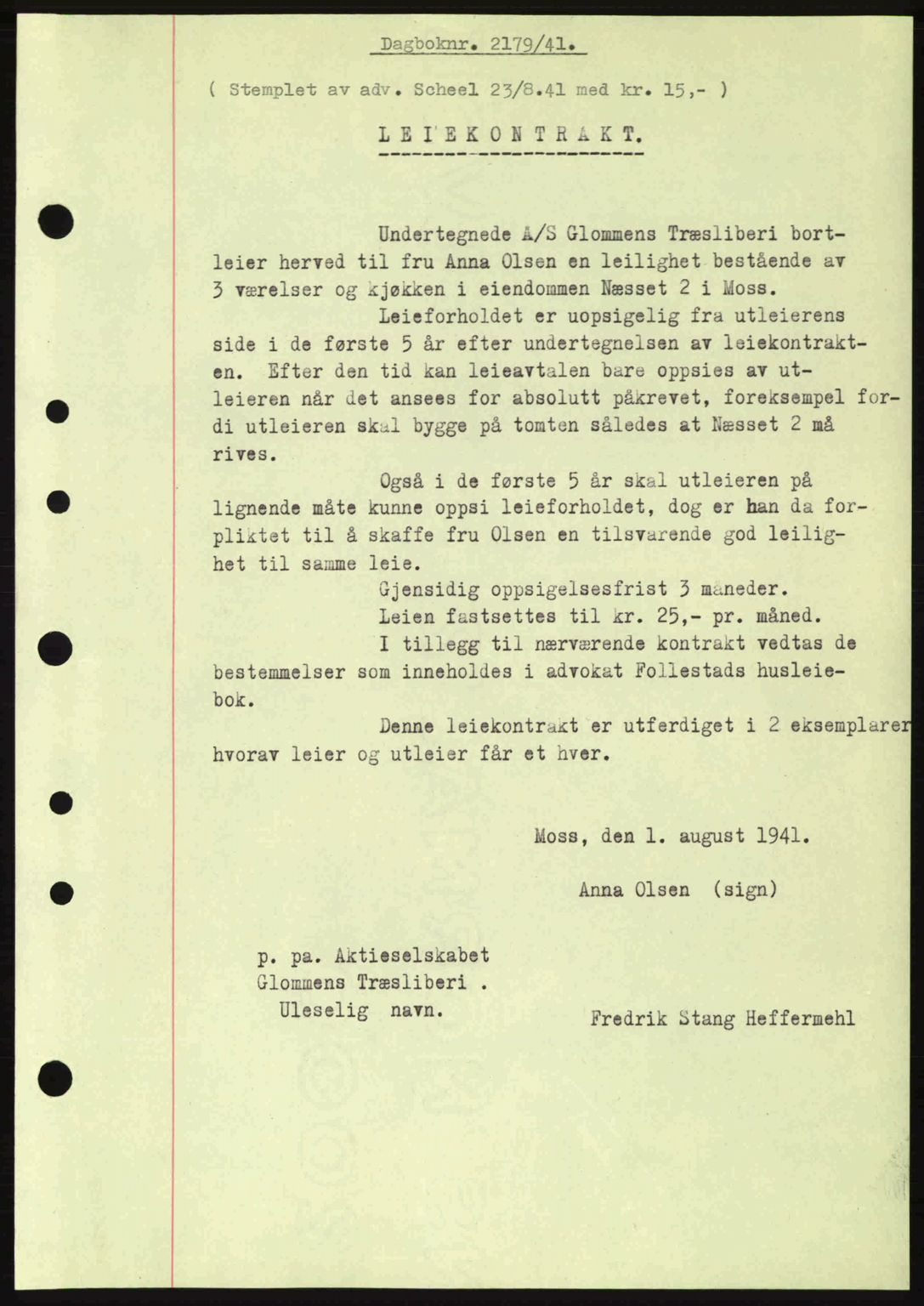 Moss sorenskriveri, SAO/A-10168: Mortgage book no. A9, 1941-1942, Diary no: : 2179/1941