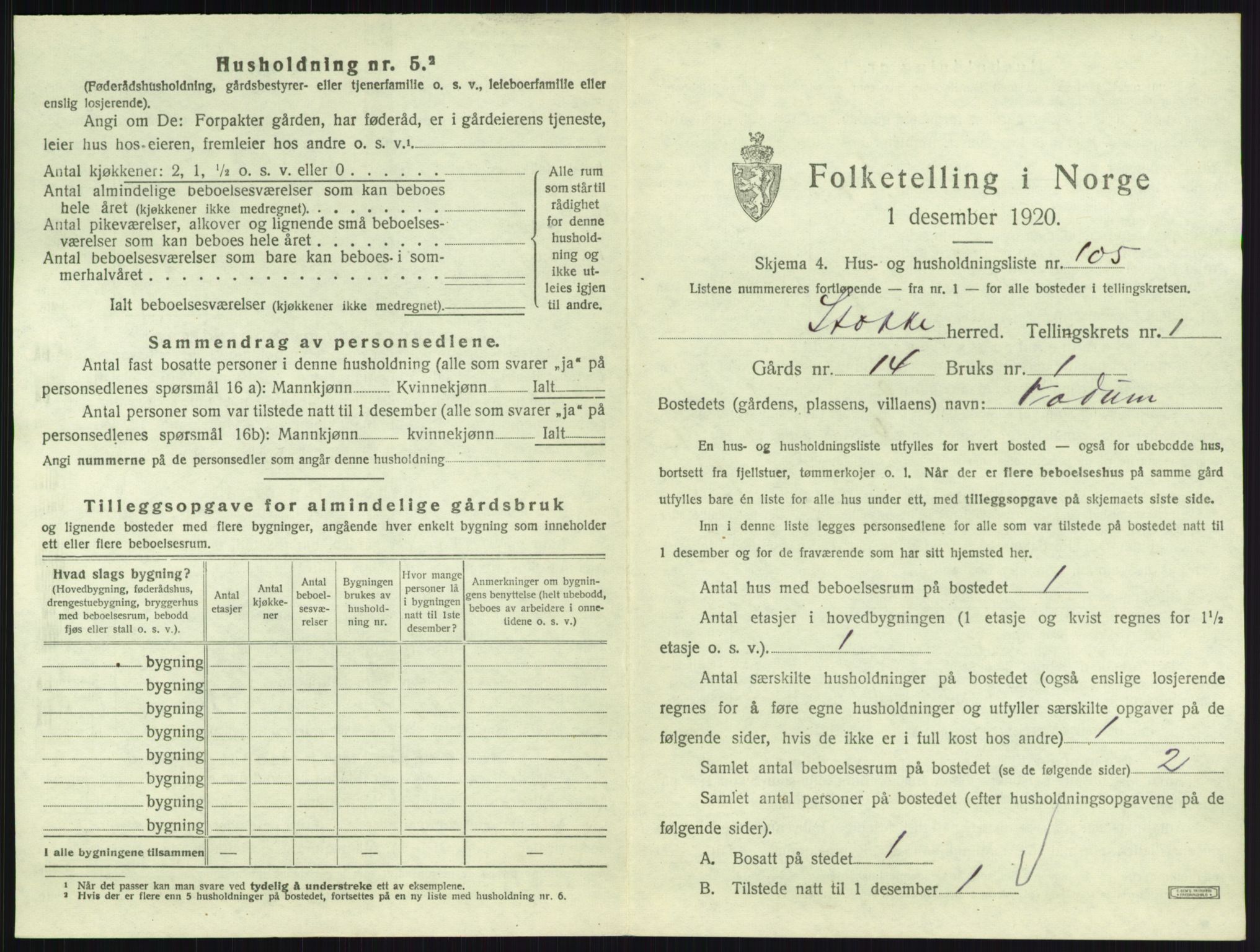 SAKO, 1920 census for Stokke, 1920, p. 259