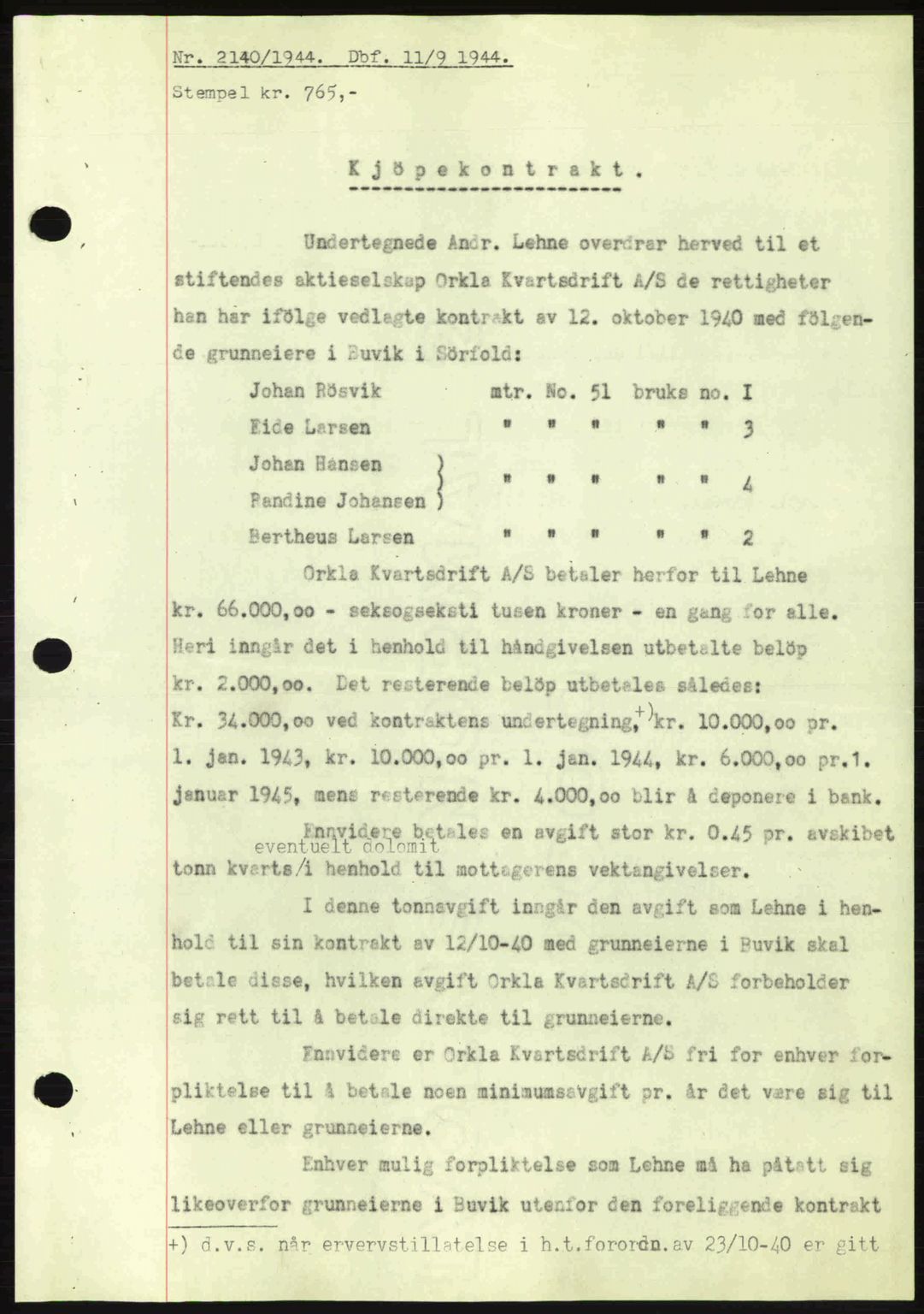 Salten sorenskriveri, AV/SAT-A-4578/1/2/2C: Mortgage book no. A14-15, 1943-1945, Diary no: : 2140/1944