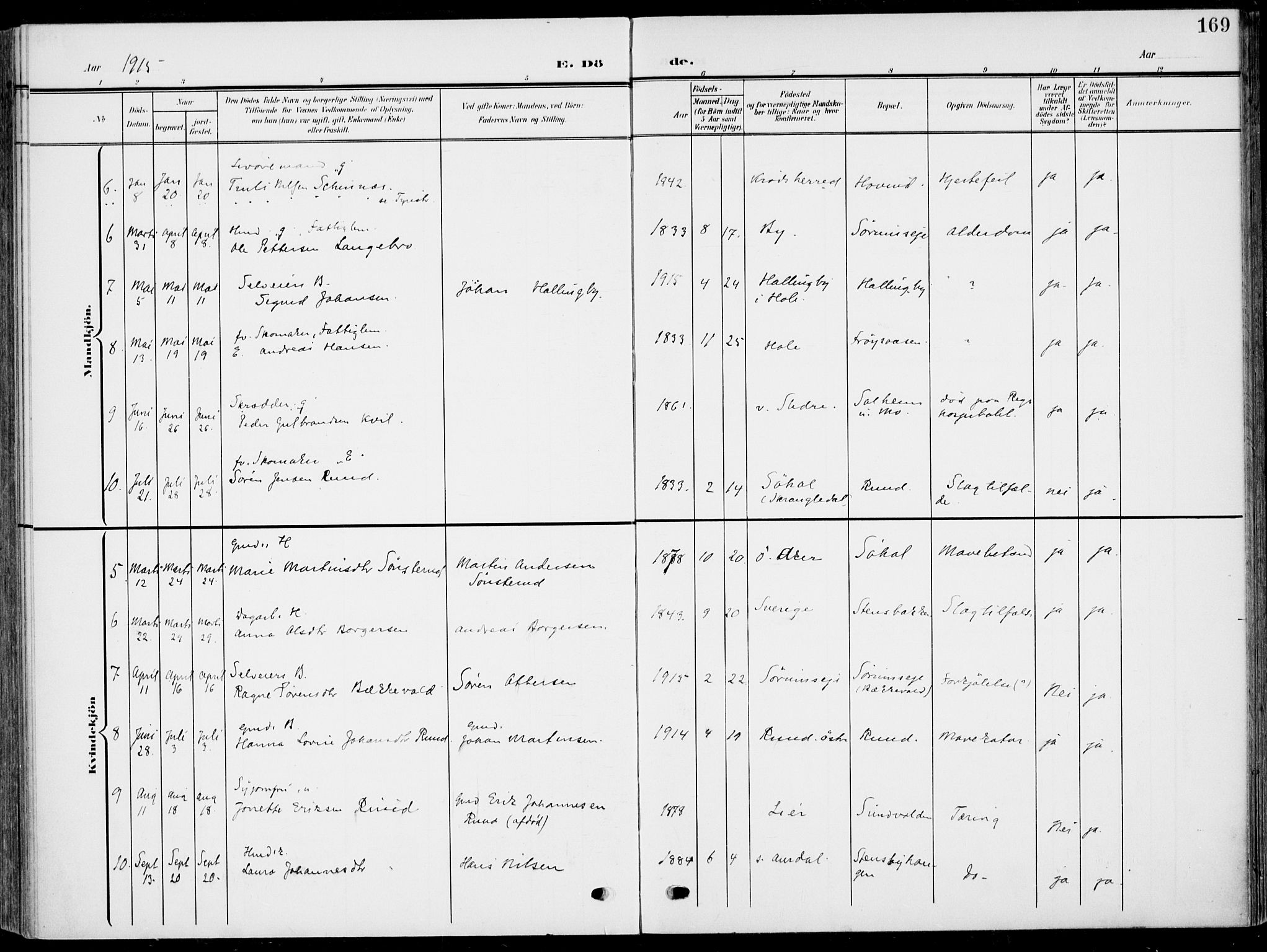 Hole kirkebøker, SAKO/A-228/F/Fa/L0010: Parish register (official) no. I 10, 1907-1917, p. 169