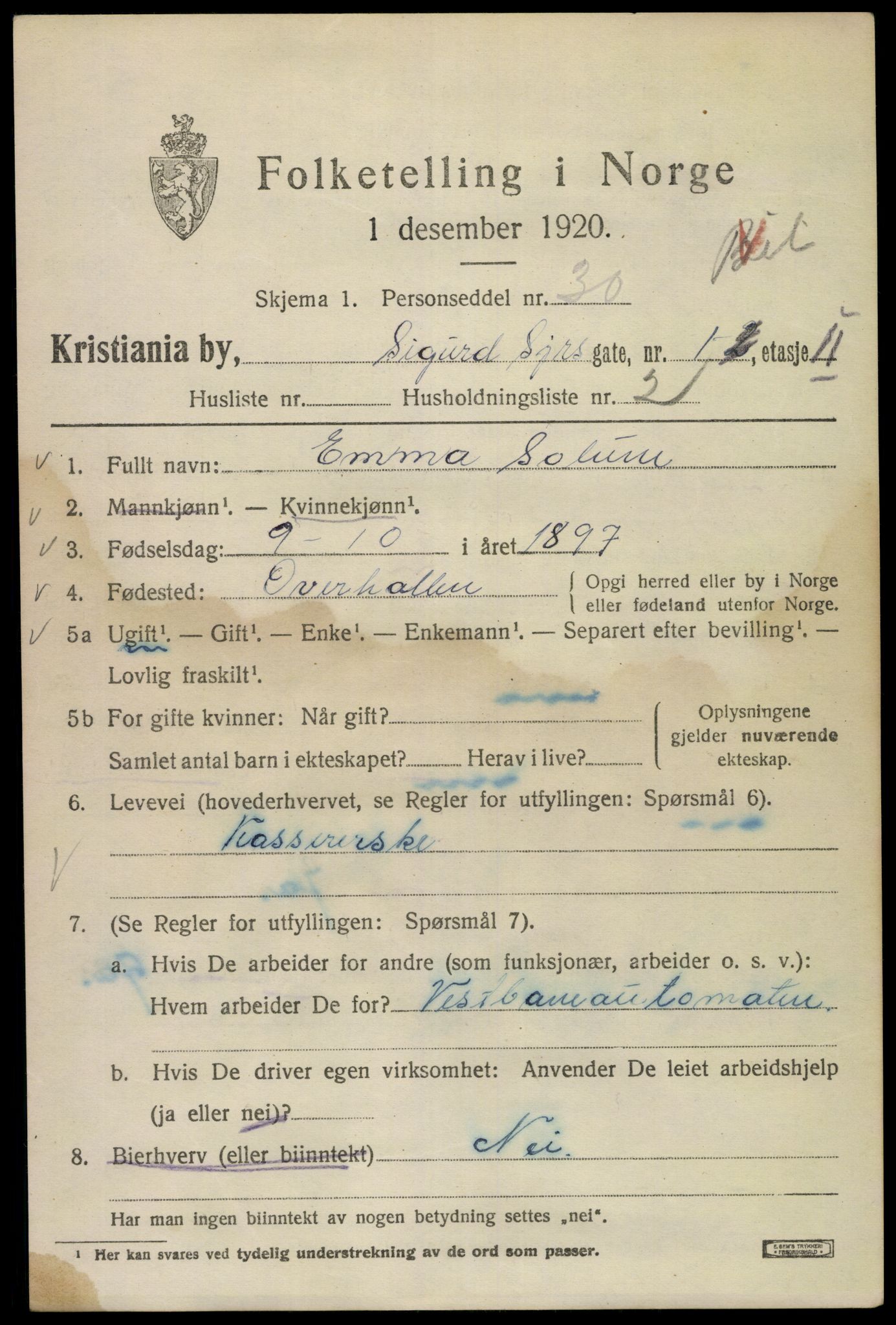 SAO, 1920 census for Kristiania, 1920, p. 510079