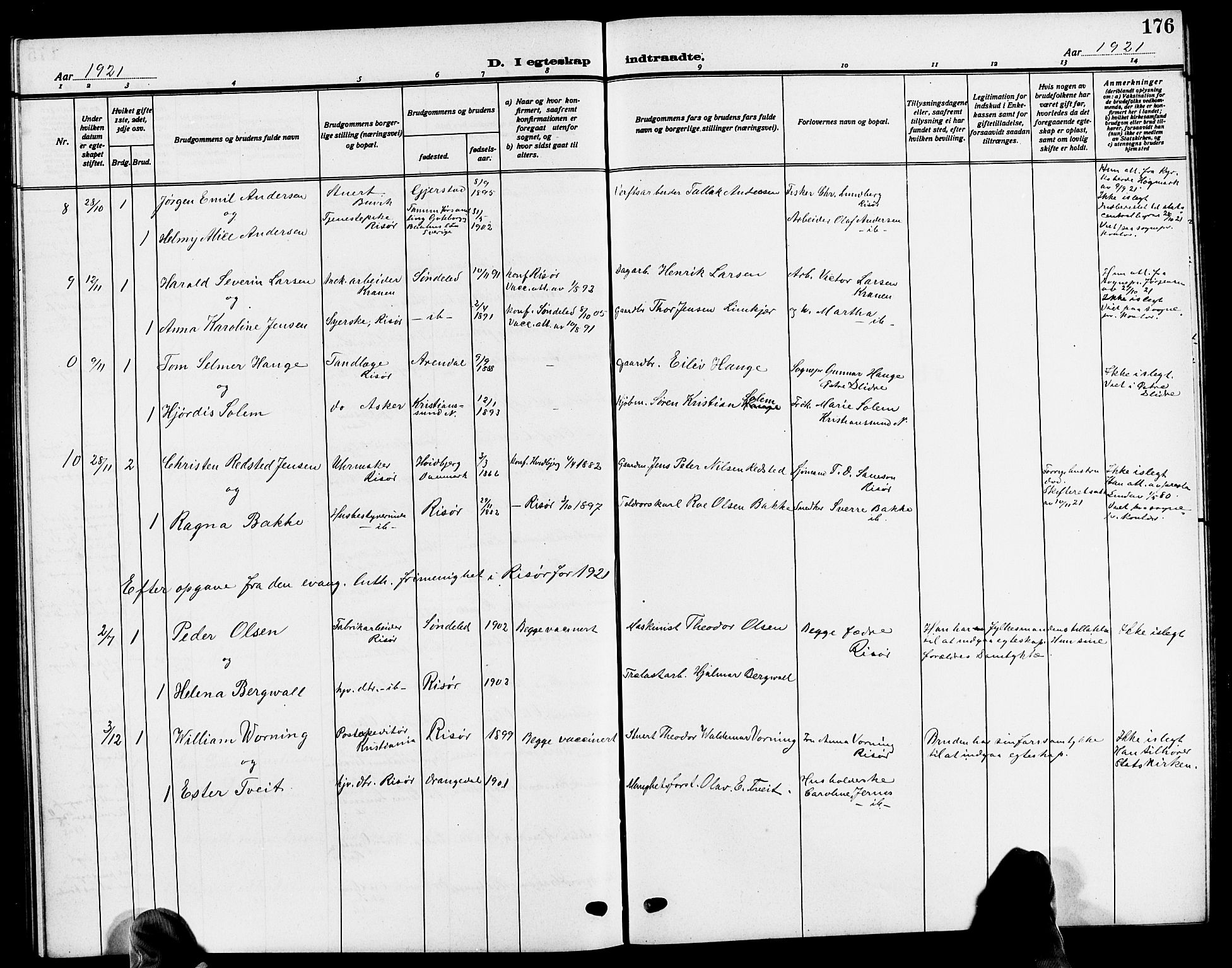 Risør sokneprestkontor, SAK/1111-0035/F/Fb/L0008: Parish register (copy) no. B 8, 1909-1921, p. 176