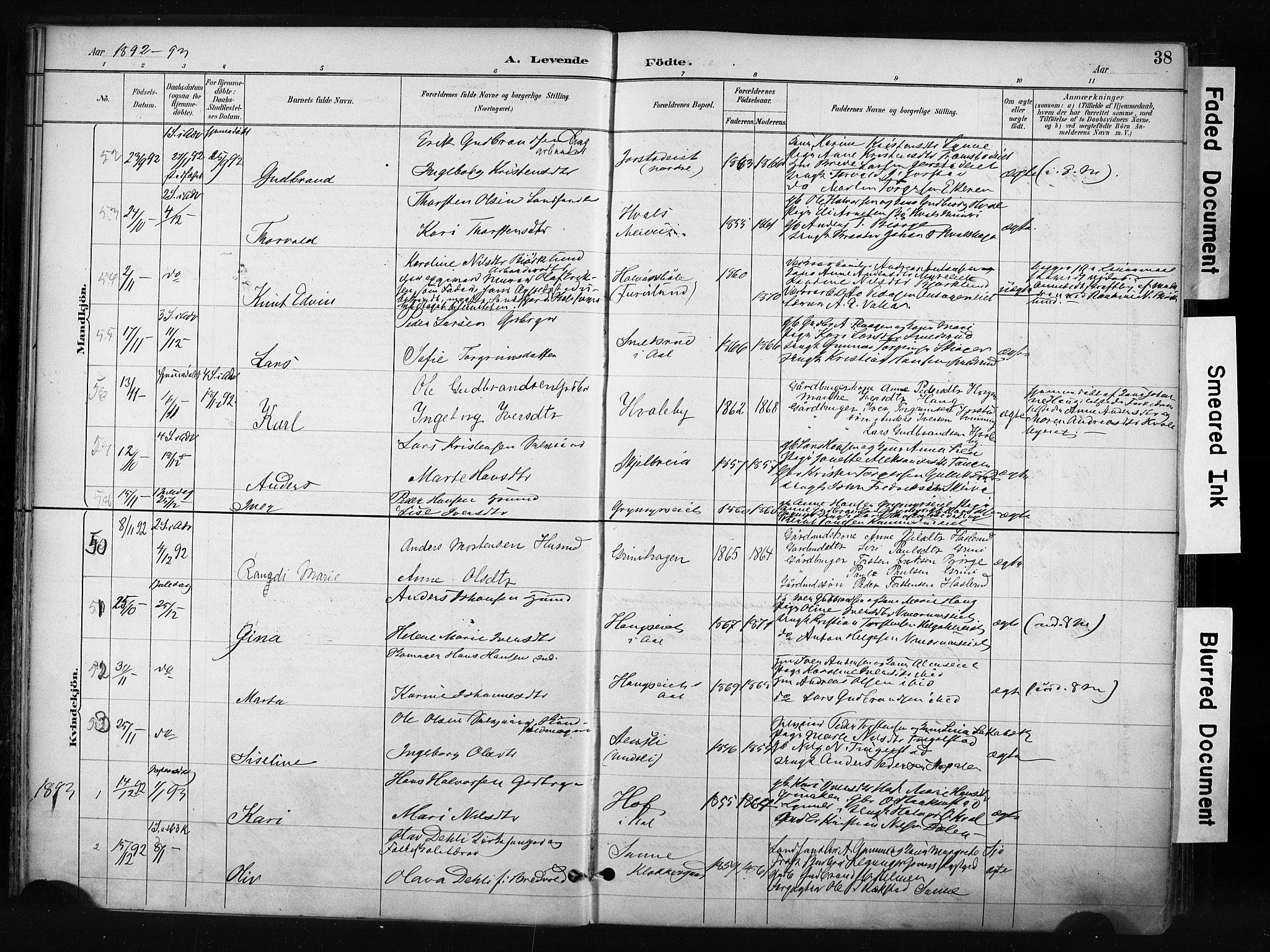 Gran prestekontor, AV/SAH-PREST-112/H/Ha/Haa/L0017: Parish register (official) no. 17, 1889-1897, p. 38