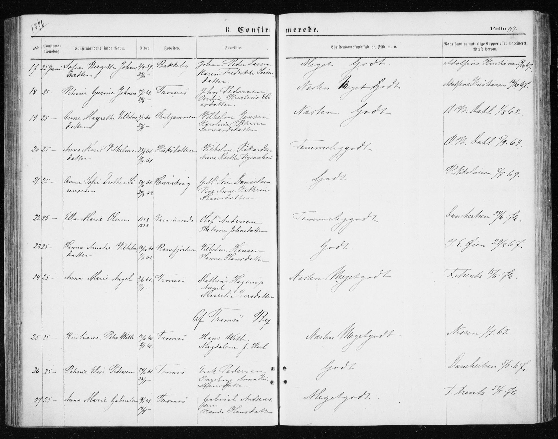 Tromsøysund sokneprestkontor, SATØ/S-1304/G/Ga/L0003kirke: Parish register (official) no. 3, 1875-1880, p. 97