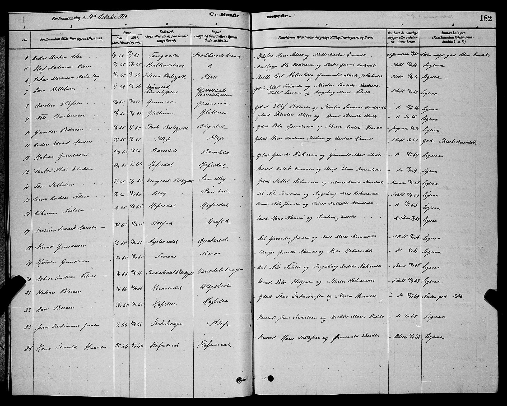 Bamble kirkebøker, AV/SAKO-A-253/G/Ga/L0008: Parish register (copy) no. I 8, 1878-1888, p. 182