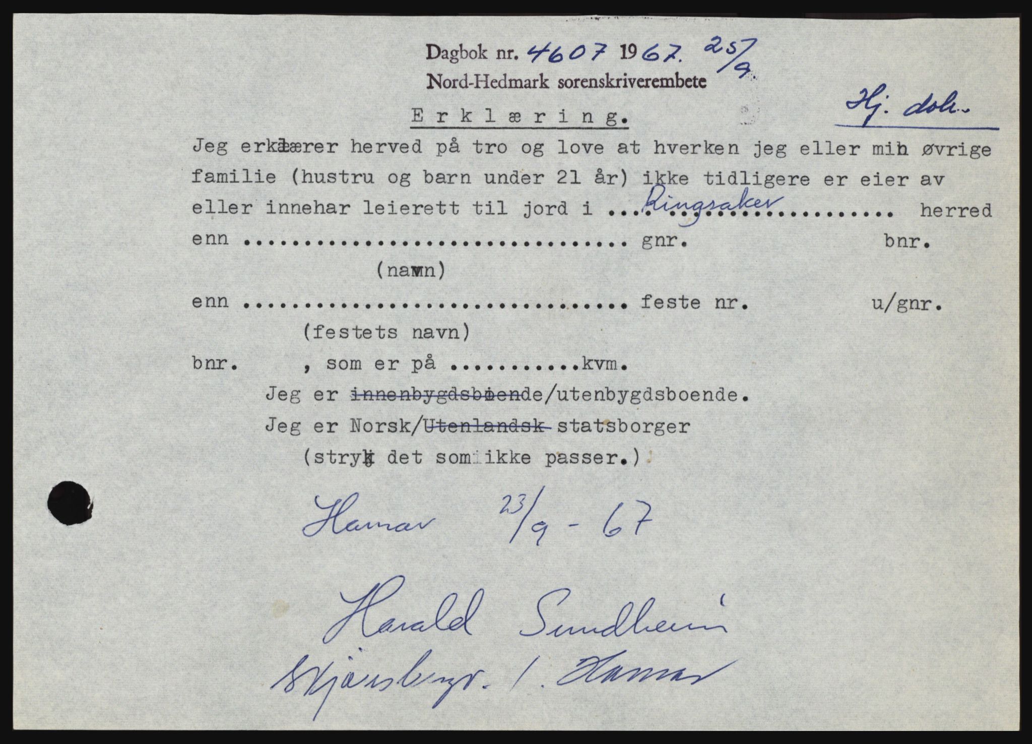 Nord-Hedmark sorenskriveri, SAH/TING-012/H/Hc/L0026: Mortgage book no. 26, 1967-1967, Diary no: : 4607/1967