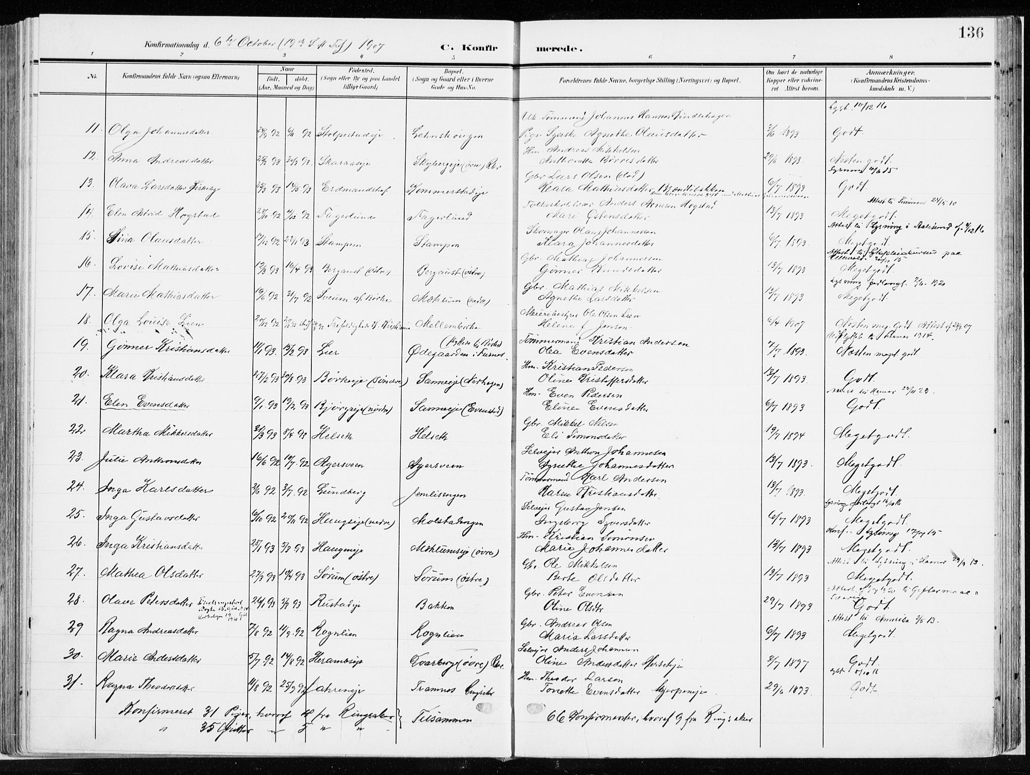 Ringsaker prestekontor, AV/SAH-PREST-014/K/Ka/L0019: Parish register (official) no. 19, 1905-1920, p. 136