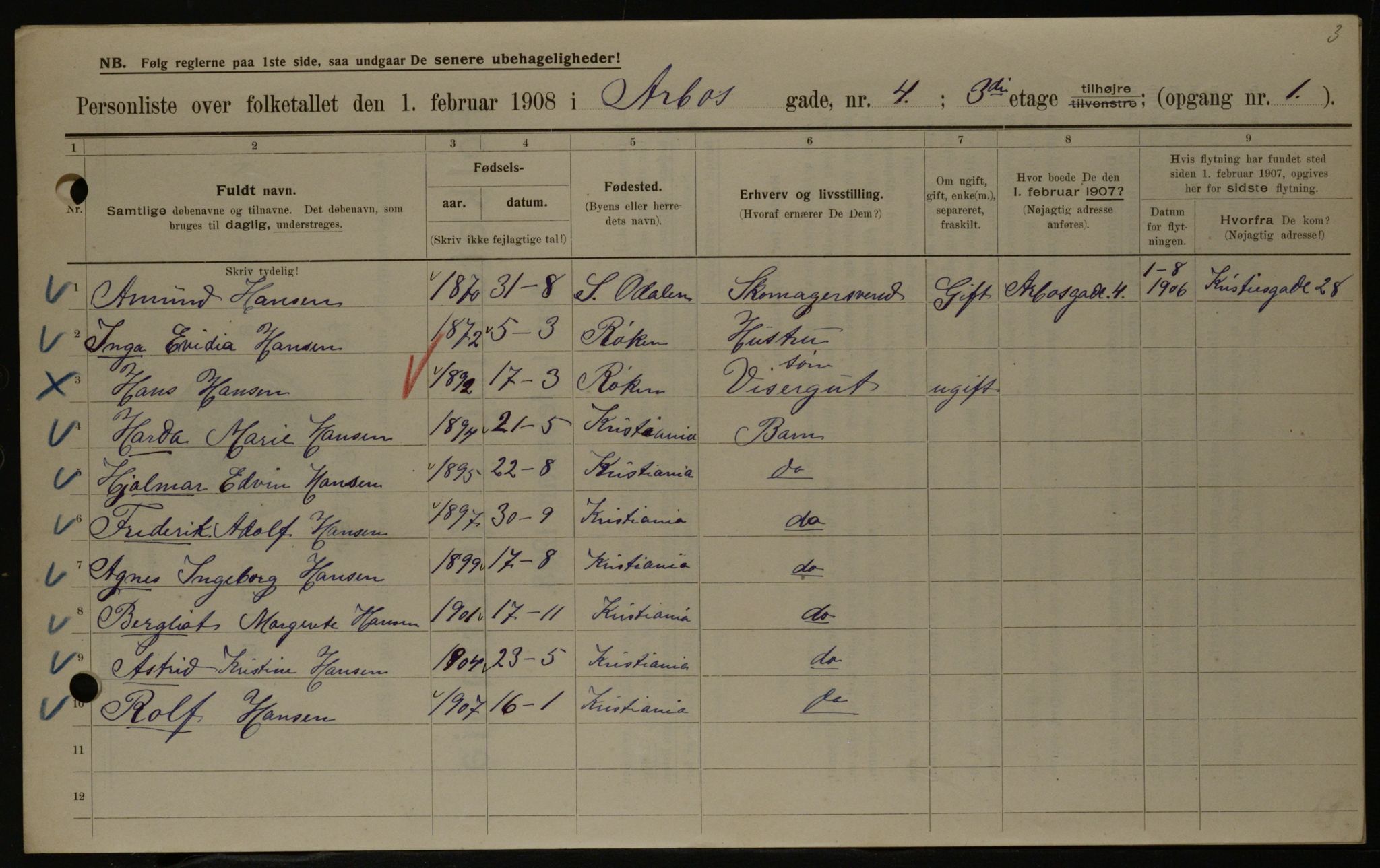 OBA, Municipal Census 1908 for Kristiania, 1908, p. 2048