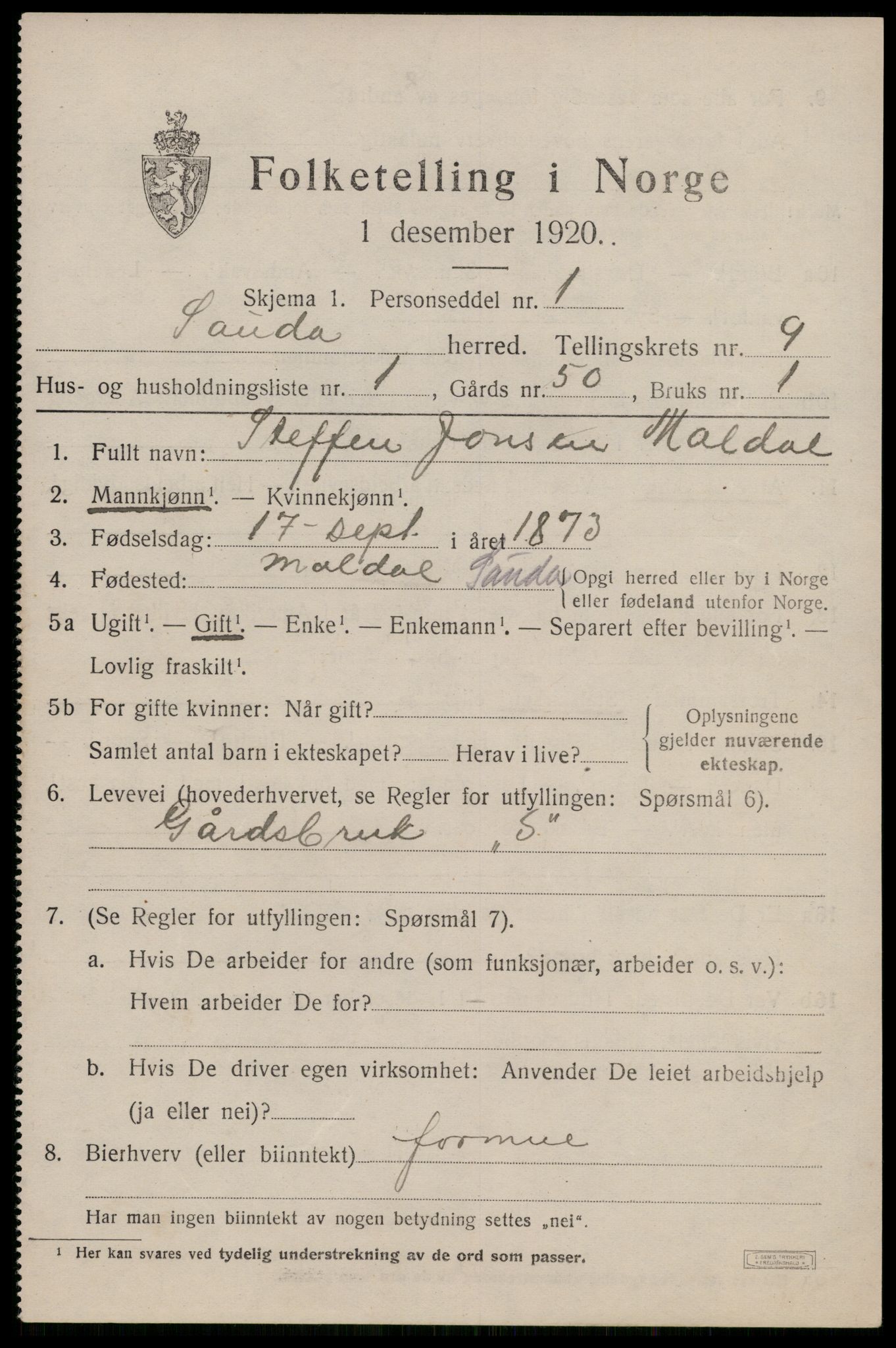 SAST, 1920 census for Sauda, 1920, p. 5274