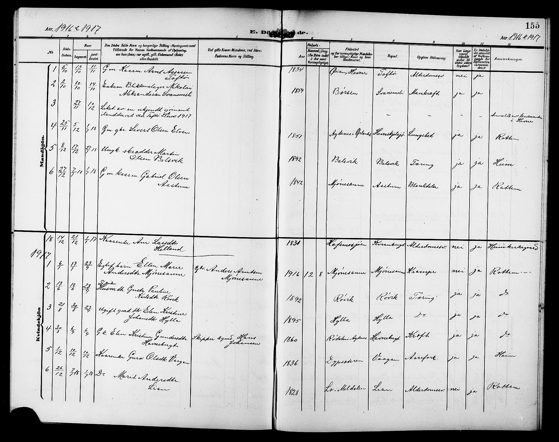 Ministerialprotokoller, klokkerbøker og fødselsregistre - Sør-Trøndelag, AV/SAT-A-1456/633/L0520: Parish register (copy) no. 633C02, 1906-1921, p. 155