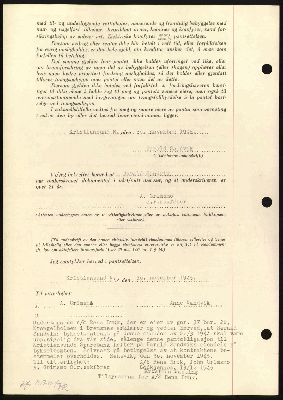 Nordmøre sorenskriveri, AV/SAT-A-4132/1/2/2Ca: Mortgage book no. B93a, 1945-1945, Diary no: : 1852/1945