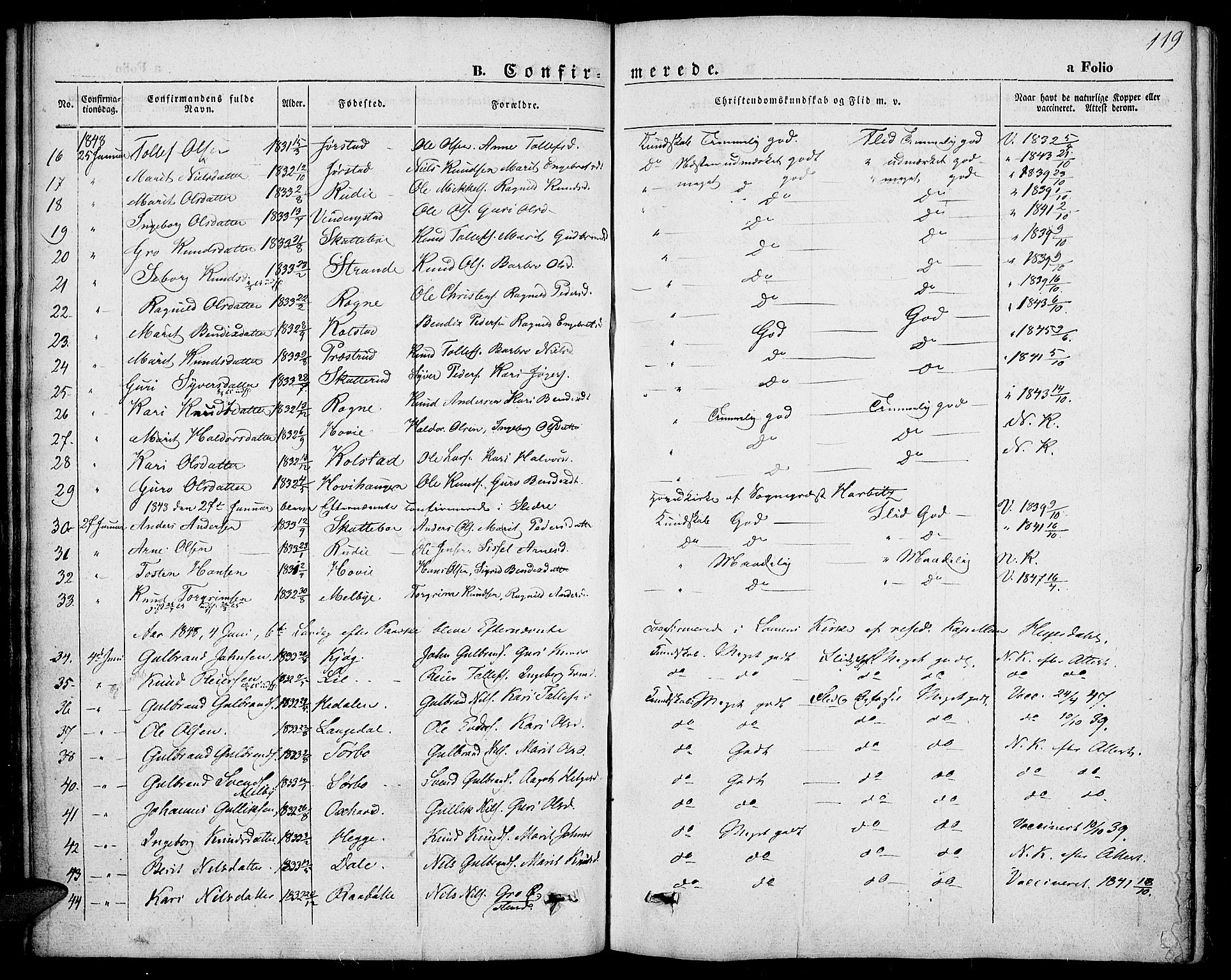 Slidre prestekontor, SAH/PREST-134/H/Ha/Haa/L0004: Parish register (official) no. 4, 1831-1848, p. 119