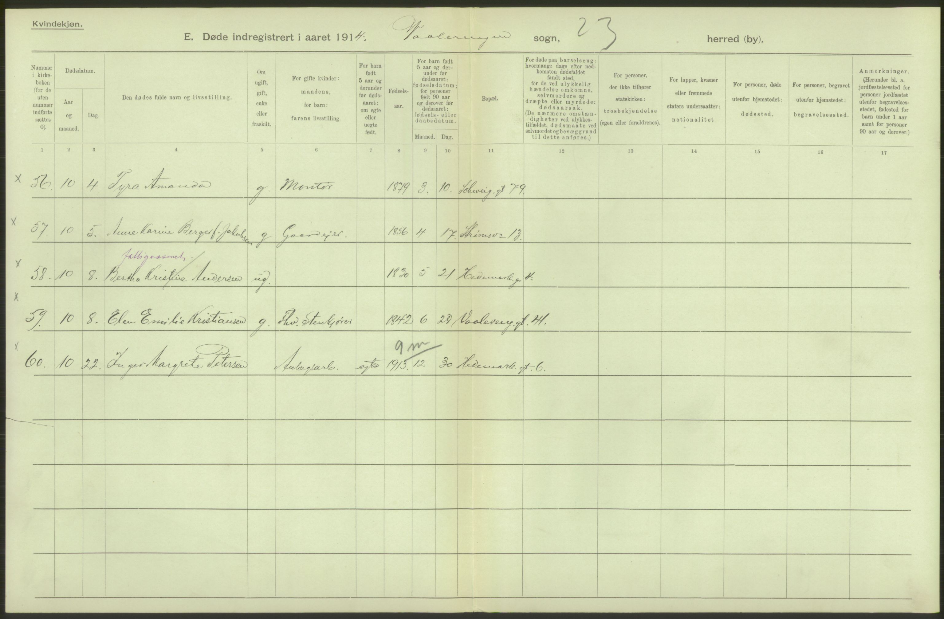 Statistisk sentralbyrå, Sosiodemografiske emner, Befolkning, AV/RA-S-2228/D/Df/Dfb/Dfbd/L0008: Kristiania: Døde, 1914, p. 188