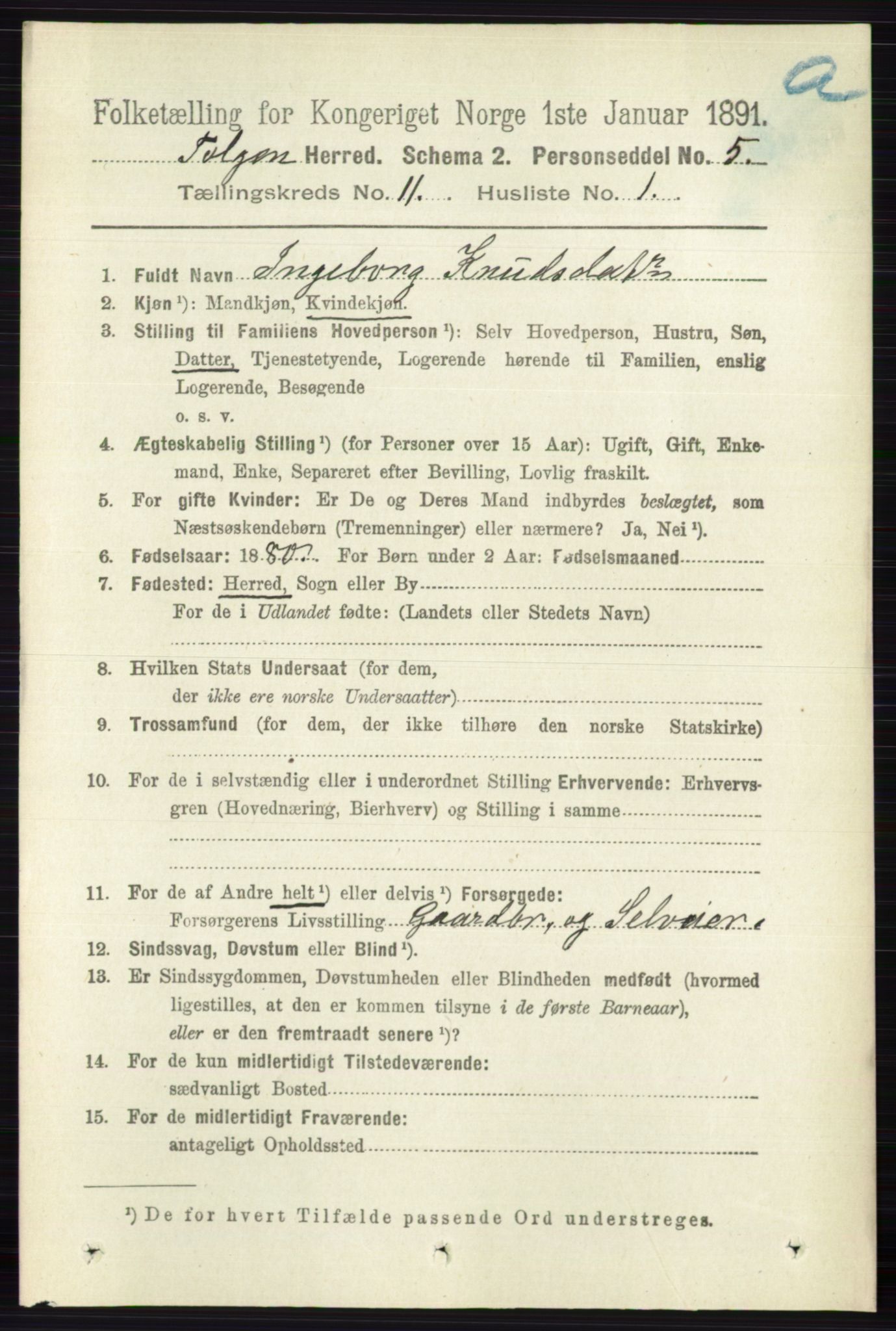 RA, 1891 census for 0436 Tolga, 1891, p. 3225