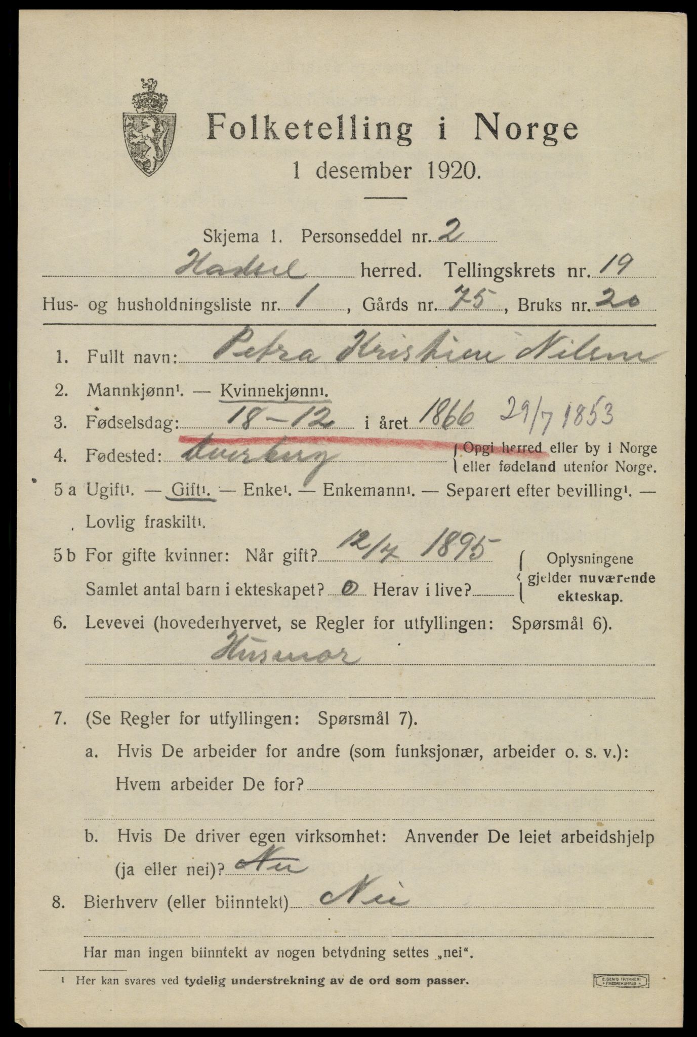 SAT, 1920 census for Hadsel, 1920, p. 17140