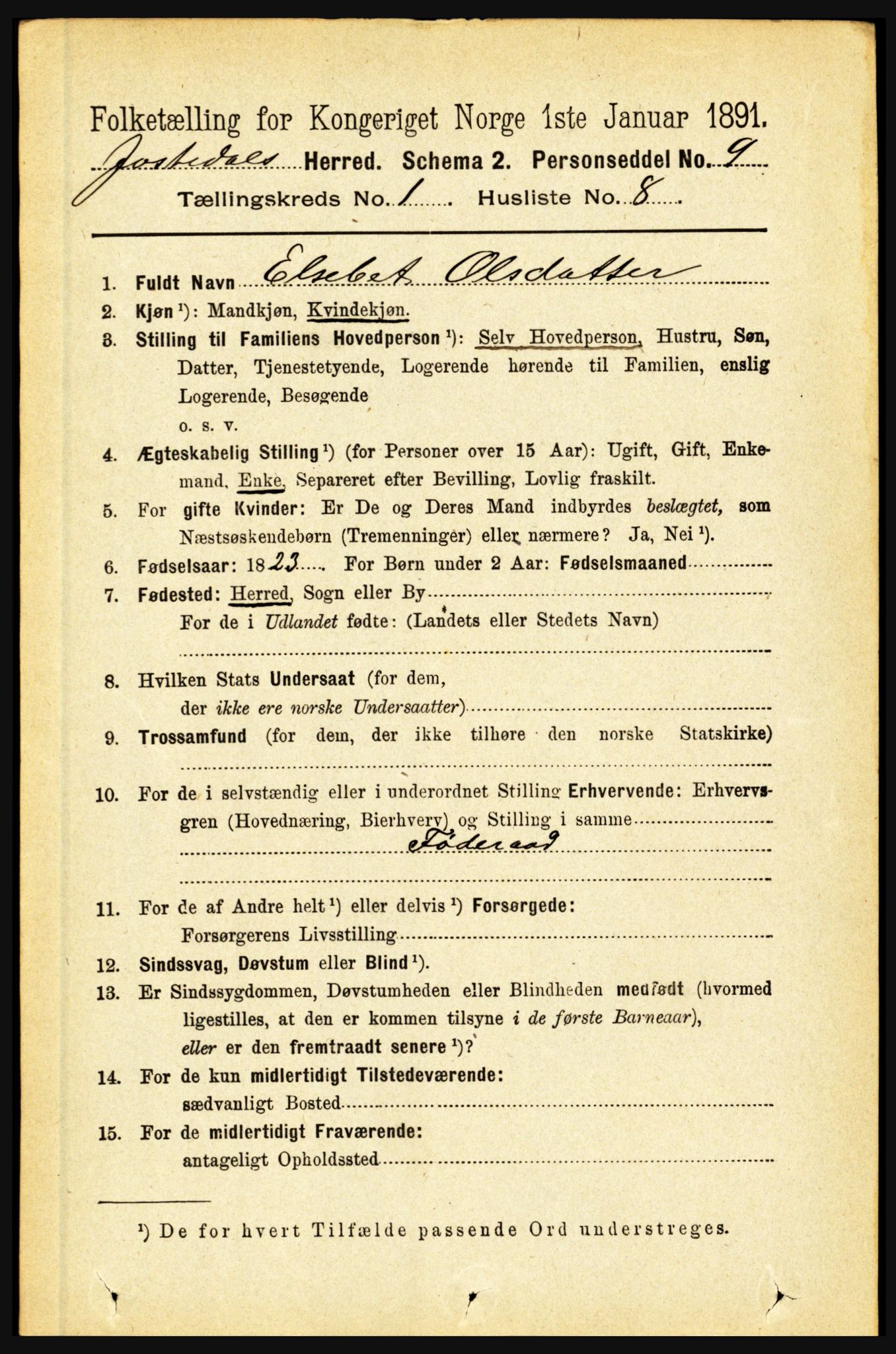 RA, 1891 census for 1427 Jostedal, 1891, p. 130