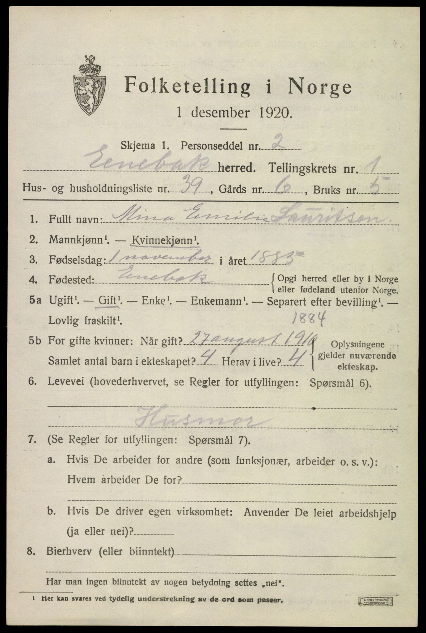 SAO, 1920 census for Enebakk, 1920, p. 1543