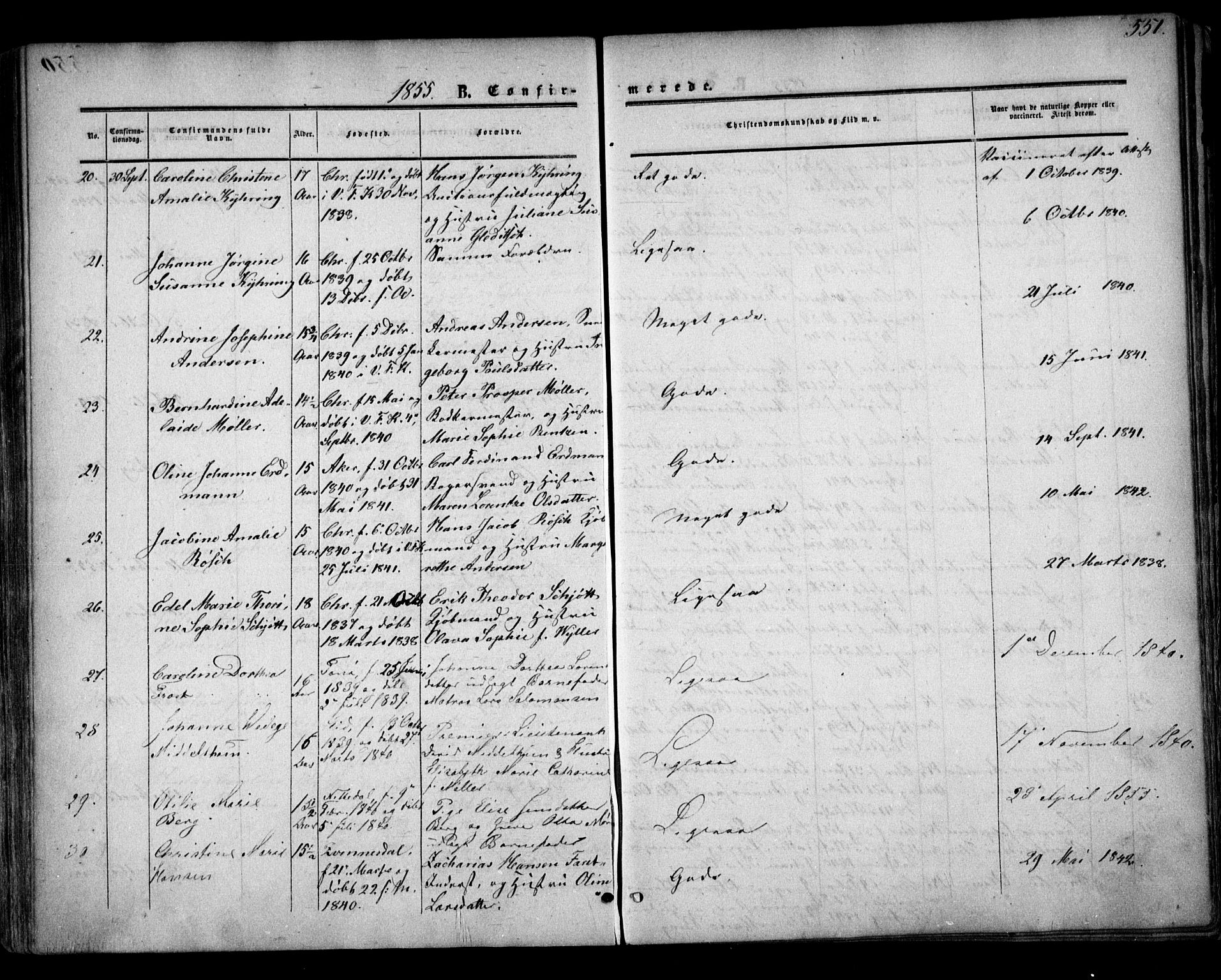 Oslo domkirke Kirkebøker, AV/SAO-A-10752/F/Fa/L0014: Parish register (official) no. 14, 1850-1857, p. 551