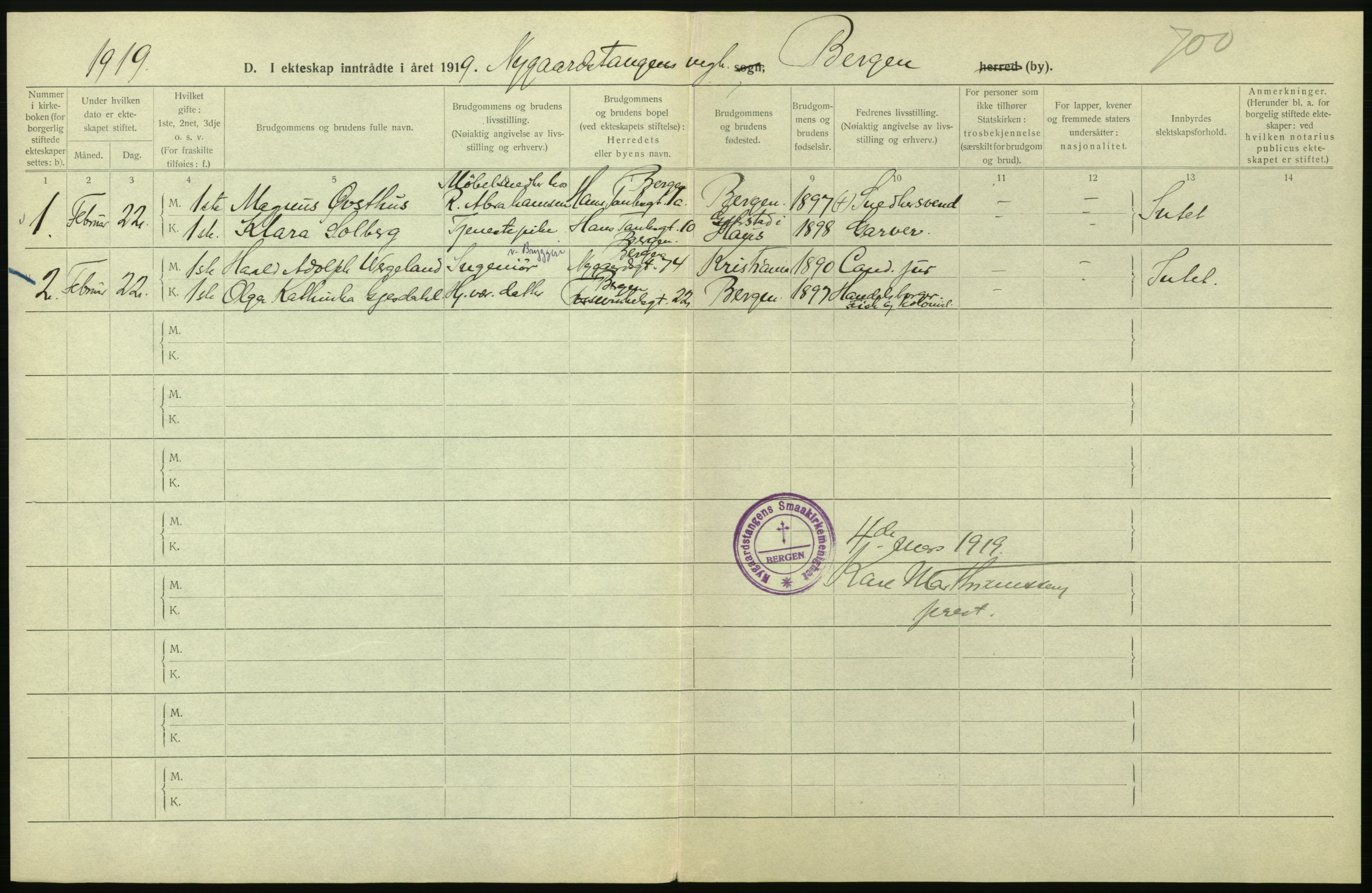 Statistisk sentralbyrå, Sosiodemografiske emner, Befolkning, AV/RA-S-2228/D/Df/Dfb/Dfbi/L0035: Bergen: Gifte, døde, dødfødte., 1919, p. 4