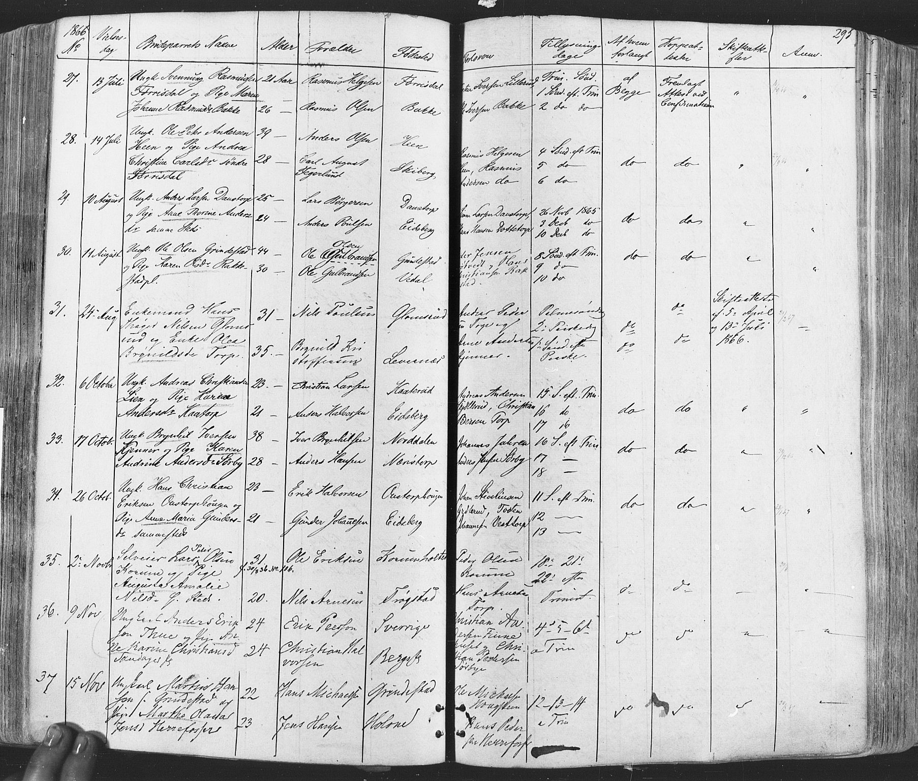 Rakkestad prestekontor Kirkebøker, AV/SAO-A-2008/F/Fa/L0011: Parish register (official) no. I 11, 1862-1877, p. 295