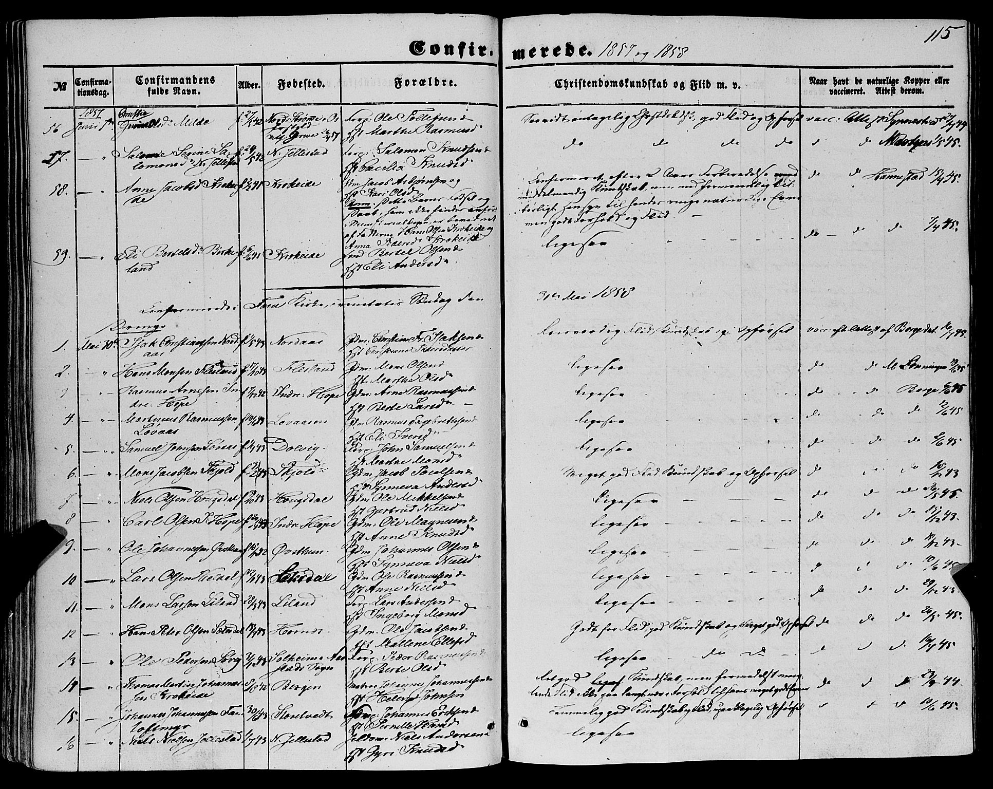 Fana Sokneprestembete, AV/SAB-A-75101/H/Haa/Haaa/L0011: Parish register (official) no. A 11, 1851-1862, p. 115