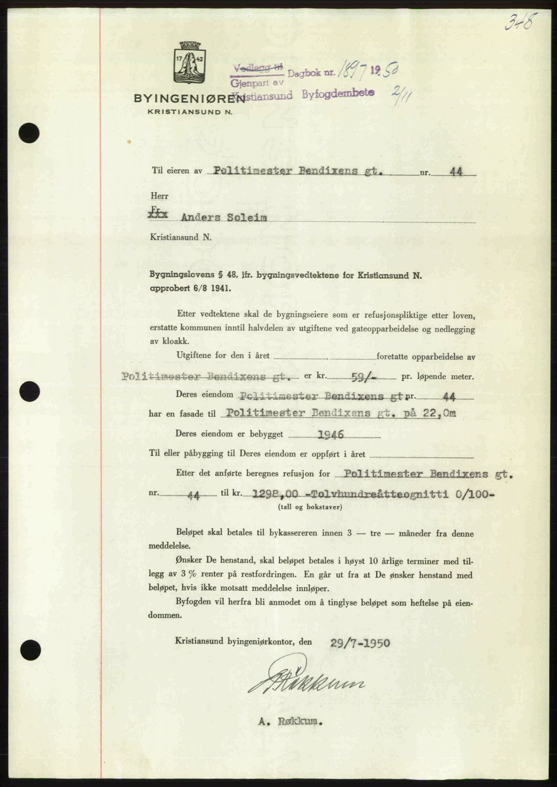 Kristiansund byfogd, AV/SAT-A-4587/A/27: Mortgage book no. 50, 1950-1950, Diary no: : 1897/1950