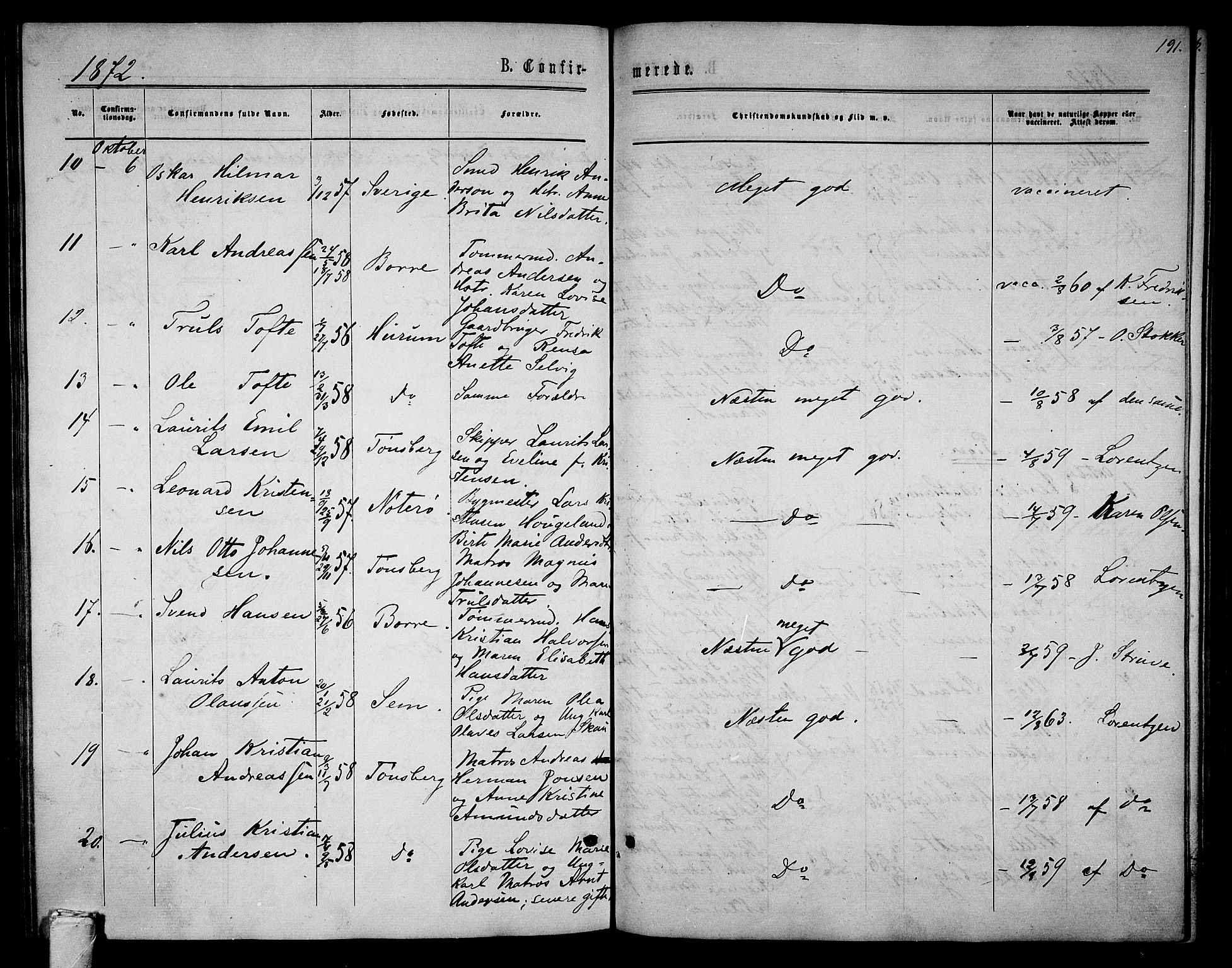 Tønsberg kirkebøker, AV/SAKO-A-330/G/Ga/L0004: Parish register (copy) no. 4, 1865-1874, p. 191