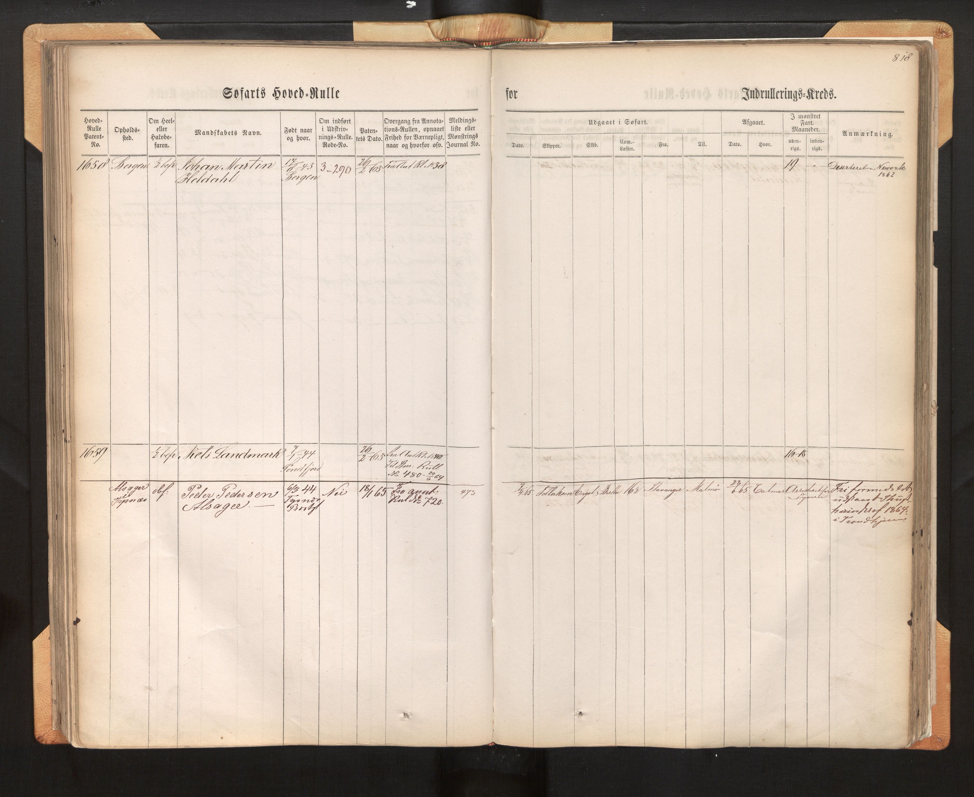 Innrulleringssjefen i Bergen, AV/SAB-A-100050/F/Fh/L0009: Sjøfarts-hovedrulle for Bergen krets, fol. 637 - ut, 1860-1865, p. 818