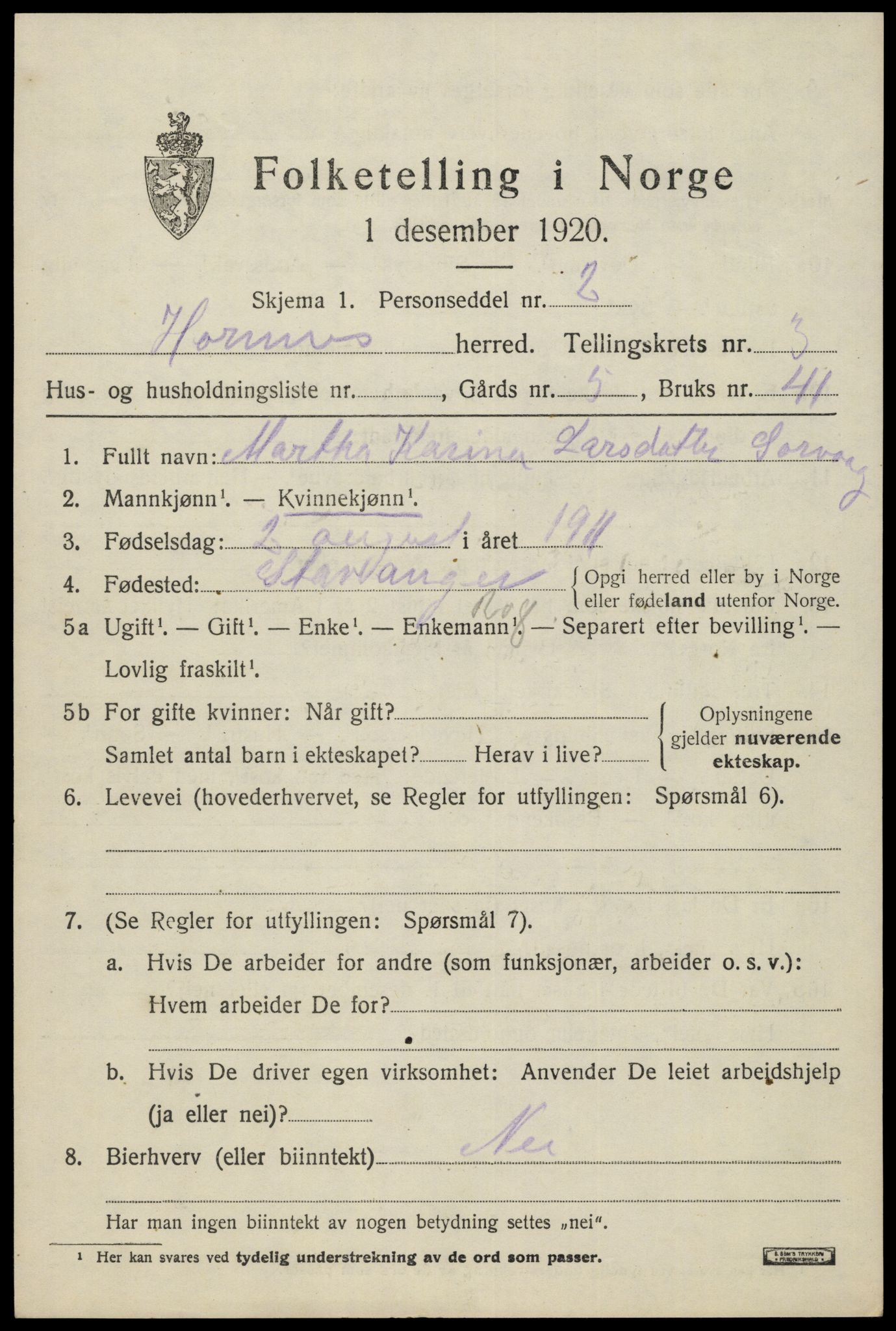 SAK, 1920 census for Hornnes, 1920, p. 923