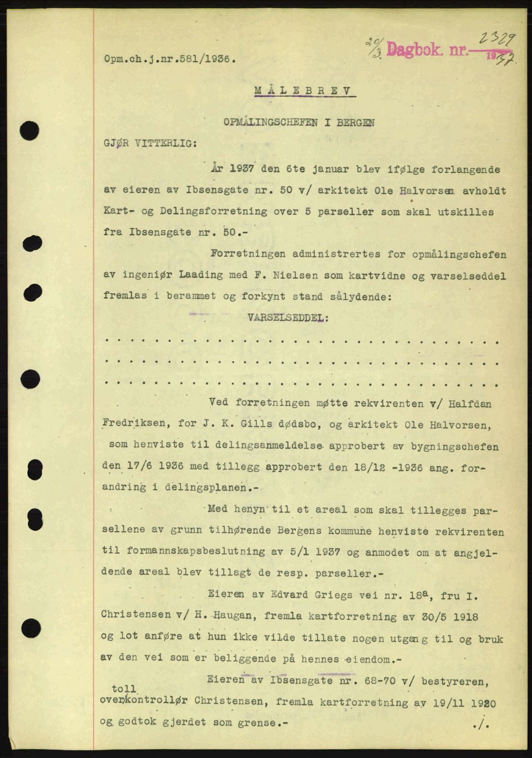 Byfogd og Byskriver i Bergen, SAB/A-3401/03/03Bc/L0004: Mortgage book no. A3-4, 1936-1937, Diary no: : 2329/1937