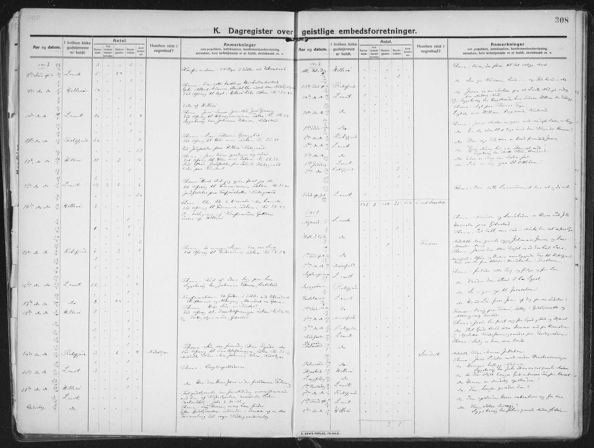Lenvik sokneprestembete, AV/SATØ-S-1310/H/Ha/Haa/L0016kirke: Parish register (official) no. 16, 1910-1924, p. 308