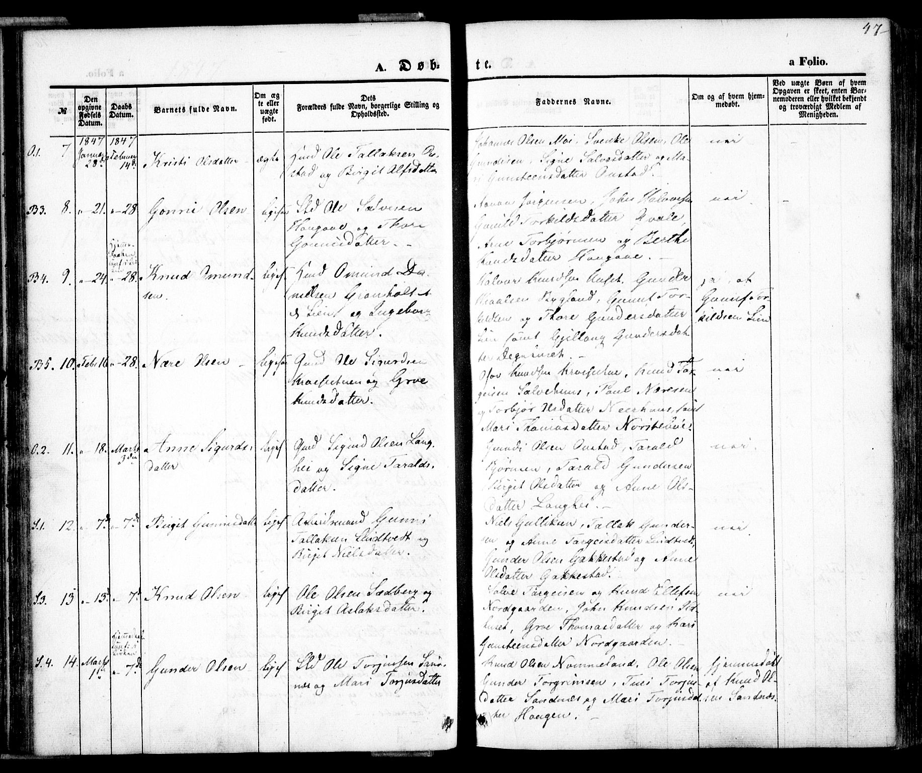 Bygland sokneprestkontor, AV/SAK-1111-0006/F/Fa/Fab/L0004: Parish register (official) no. A 4, 1842-1858, p. 47