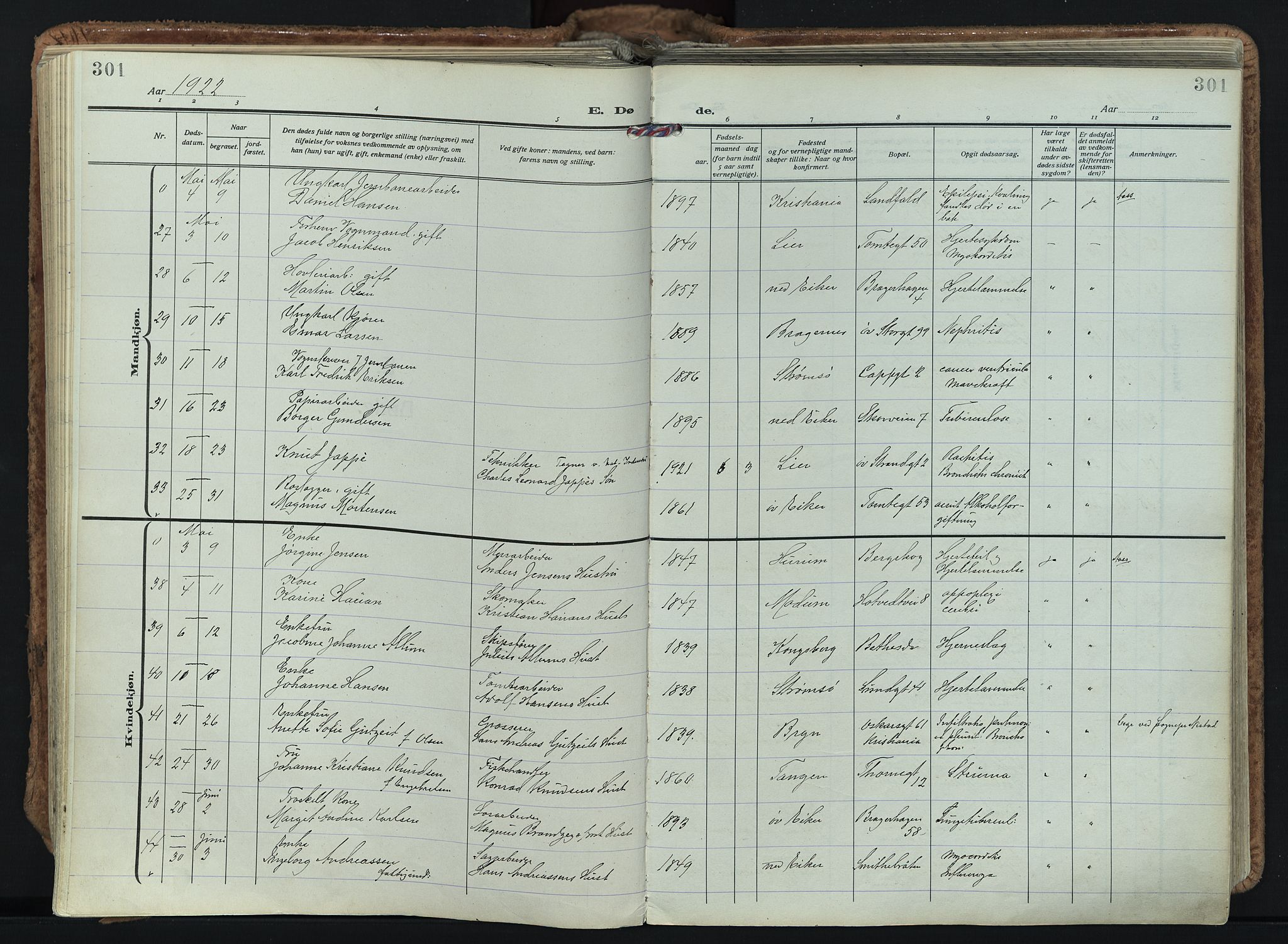 Bragernes kirkebøker, AV/SAKO-A-6/F/Fb/L0011: Parish register (official) no. II 11, 1922-1945, p. 301