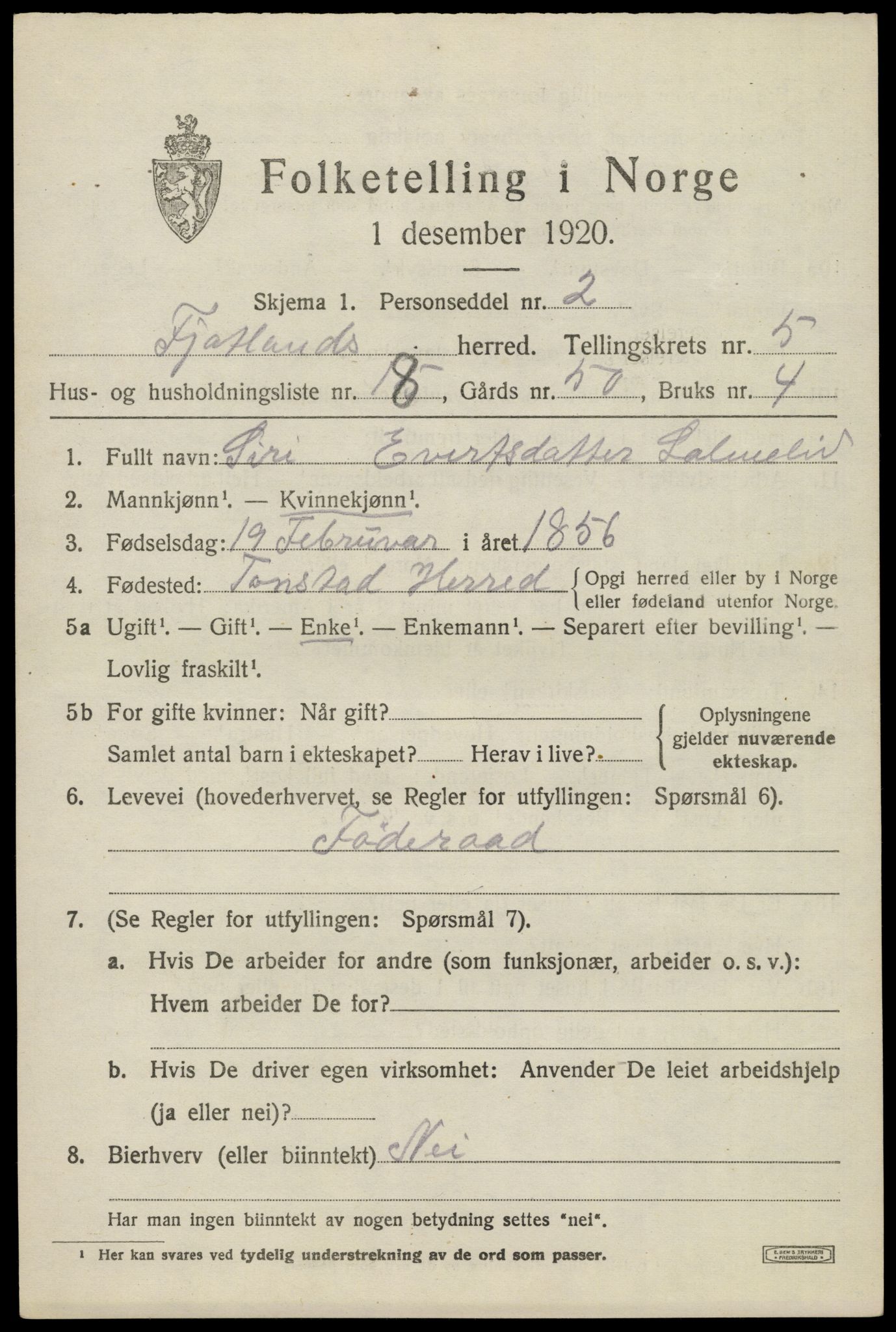 SAK, 1920 census for Fjotland, 1920, p. 1604