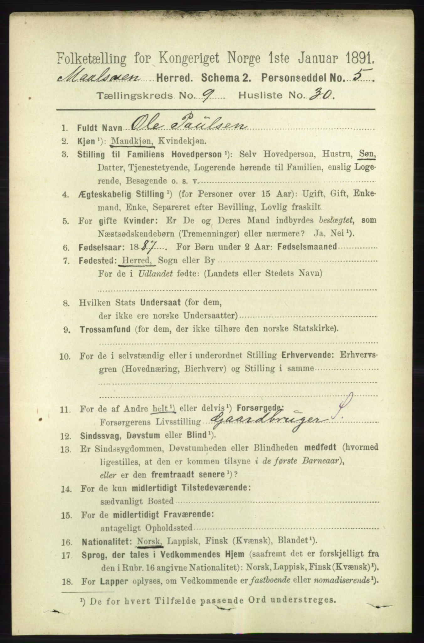 RA, 1891 census for 1924 Målselv, 1891, p. 2954