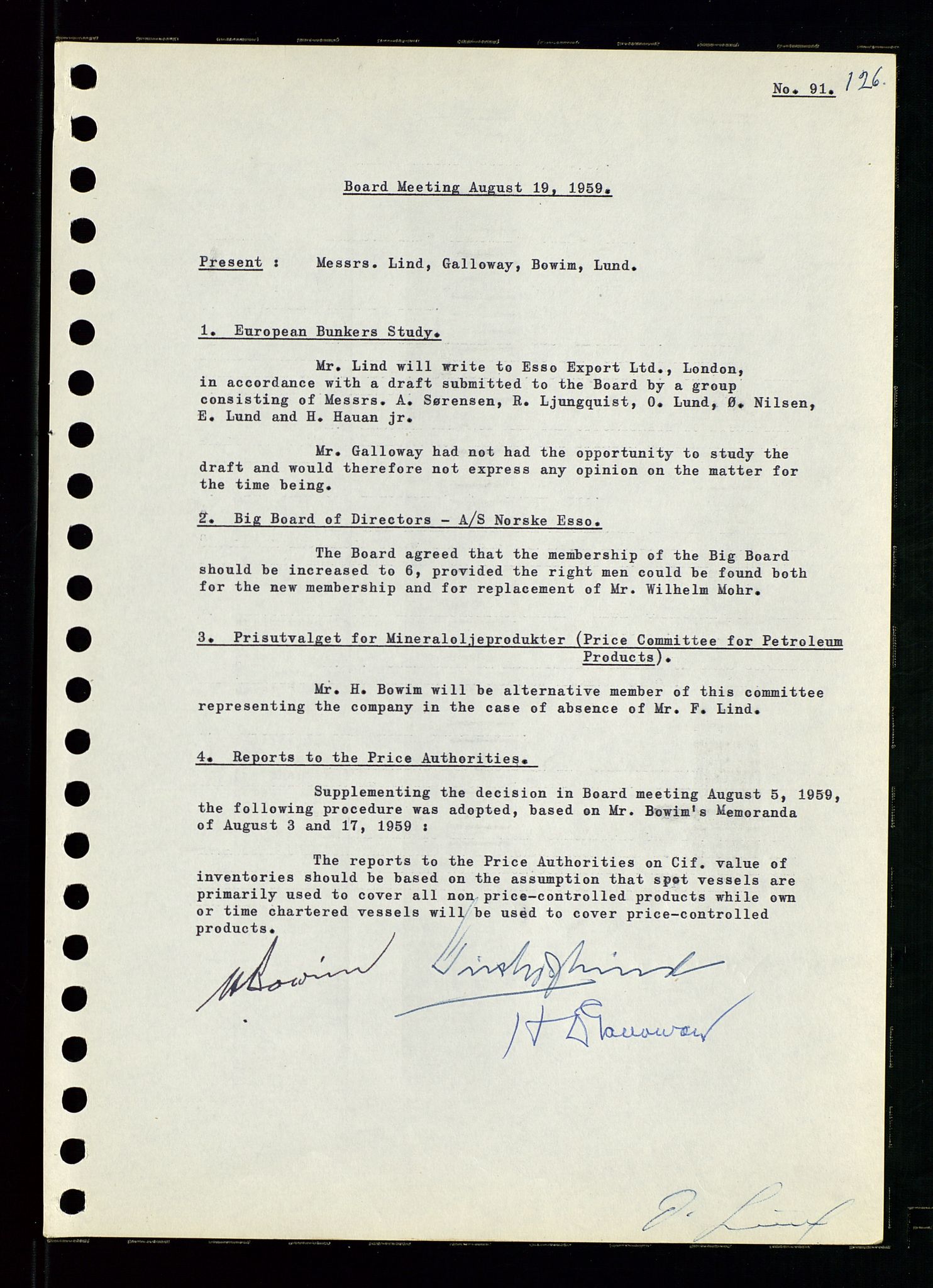 Pa 0982 - Esso Norge A/S, AV/SAST-A-100448/A/Aa/L0001/0001: Den administrerende direksjon Board minutes (styrereferater) / Den administrerende direksjon Board minutes (styrereferater), 1958-1959, p. 126