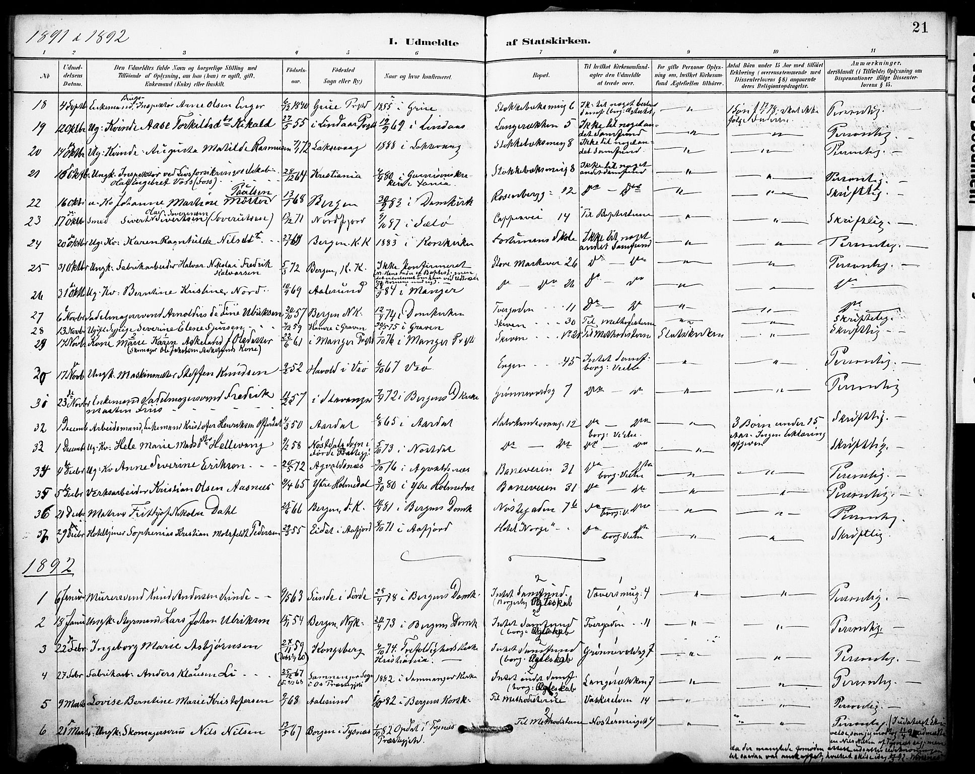 Domkirken sokneprestembete, SAB/A-74801/H/Haa: Parish register (official) no. I 1, 1887-1908, p. 21