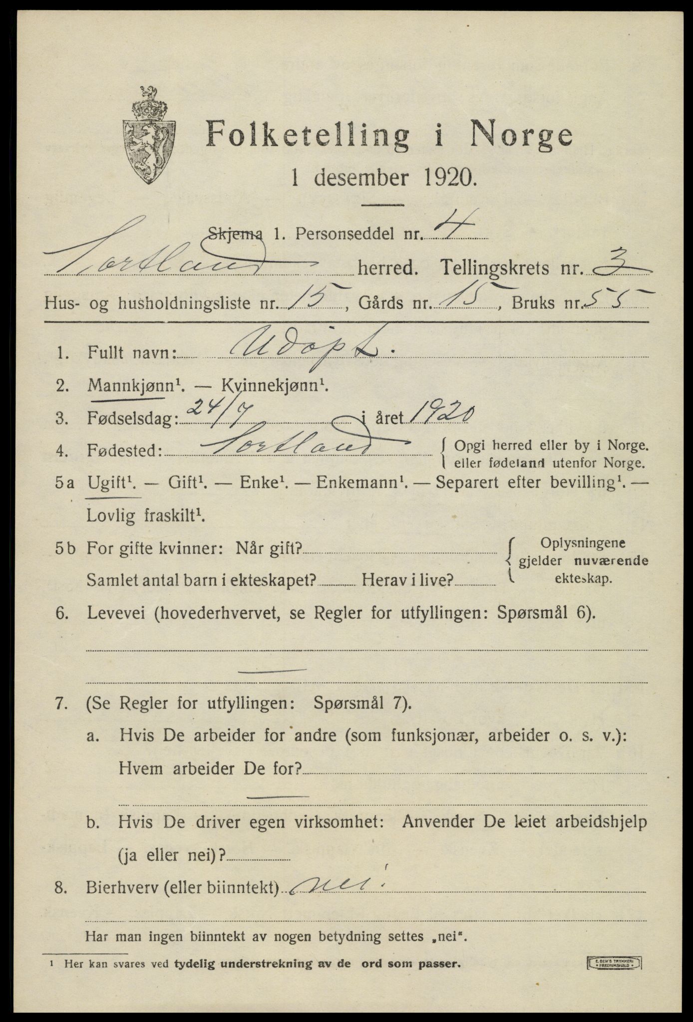 SAT, 1920 census for Sortland, 1920, p. 3810